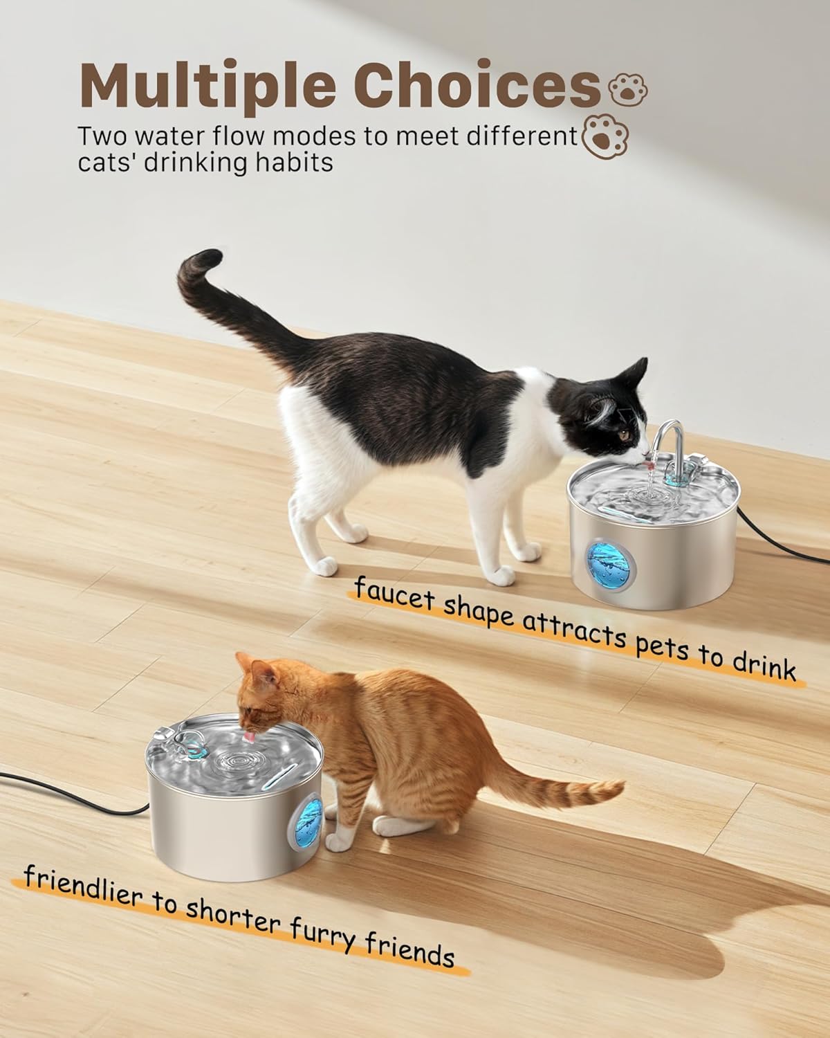 Cat Water Fountain Stainless Steel: Cat Fountain for Drinking - Pet Water Fountain for Cats Inside - 74oz/2.2L Quiet Cats Water Bowl Dispenser - Kitten Drinking Fountains - 6 Filters + 3 Sponges