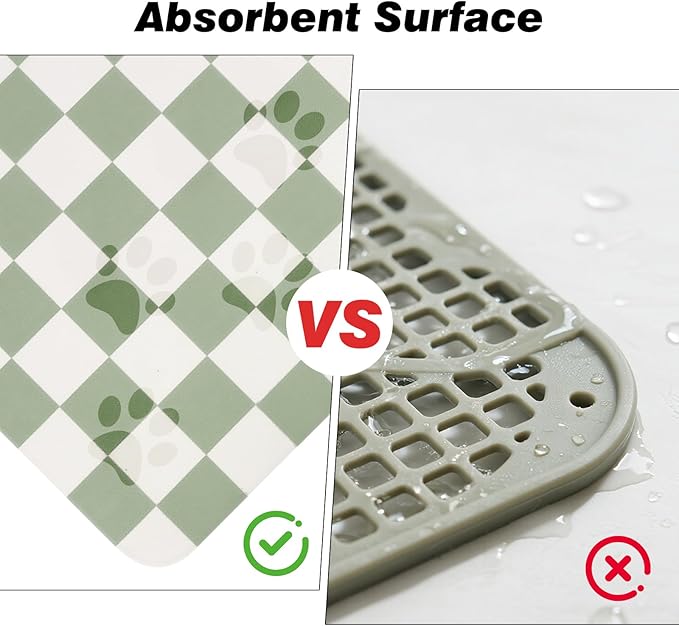 Checkered Pet Feeding Mat, Absorbent Dog Mat for Food and Water Bowls Dispenser 16" x 24" Green