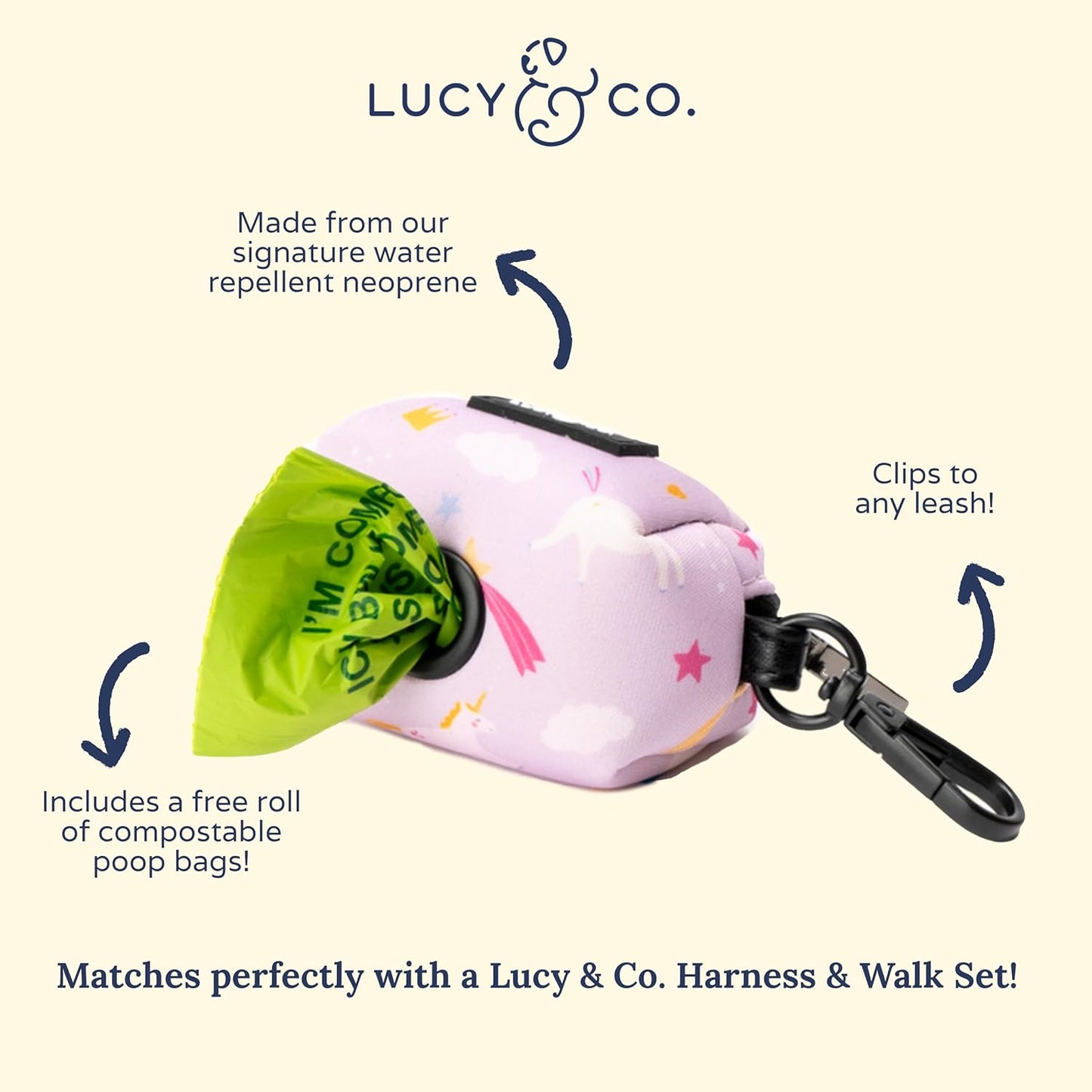 Lucy & Co. Unicorn Magic Dog Poop Bag Holder - Leak Proof Dispenser - Hygienic Pet Poop Pickup (Purple & Pink Unicorns)