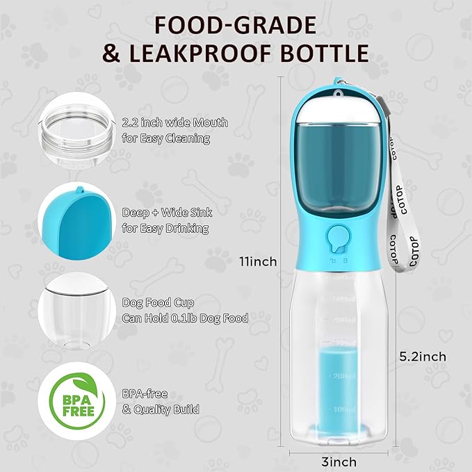 20oz Dog Water Bottle with Food Container & Poop Bag Dispenser | Leak-Proof Portable Pet Water Dispenser with Carabiner Clip | for Walking, Hiking, Travel