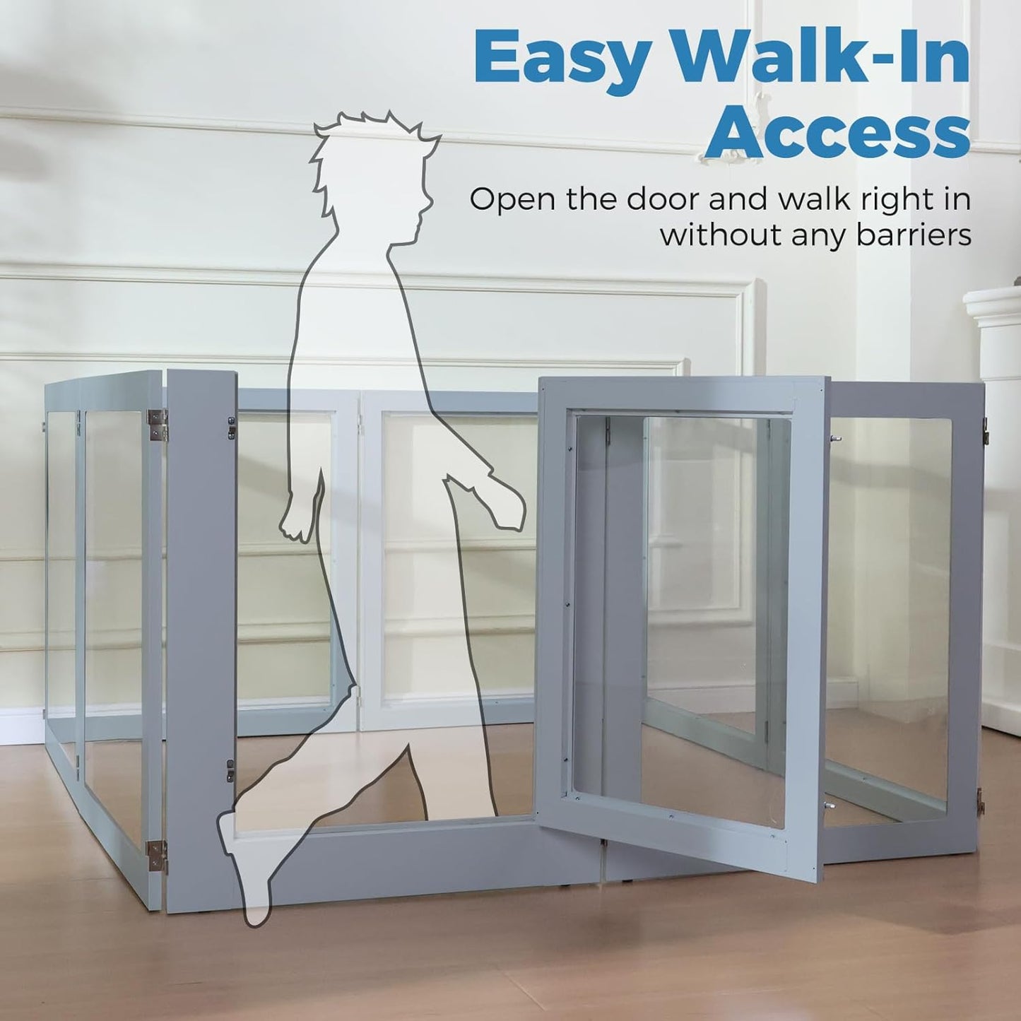 Heavy Duty Clear Acrylic Dog Playpen, Transparent Pet Pen, Metal Frame Easy Assemble Kennel Enclosure, Ideal for Small to Medium Dogs, Cats, and Other Small Pets (Grey, 8 Panels with Door)