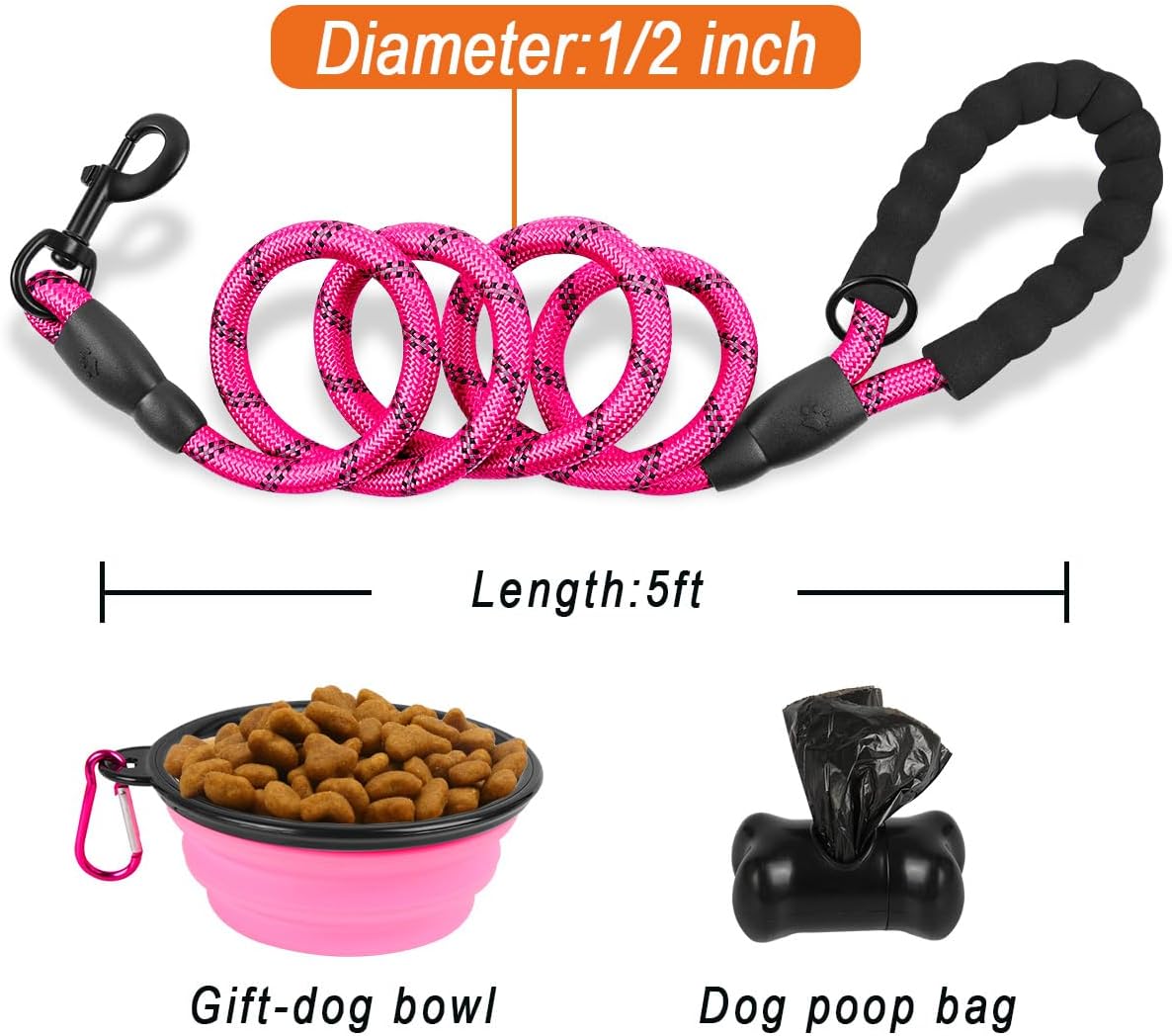 BARKBAY Dog Leashes for Large Dogs Heavy Duty Dog Leash 4/5/6 FT with Comfortable Padded Handle and Highly Reflective Threads for Medium Large Dogs Walking Training Running (5FT-1/2'',Fushcia)