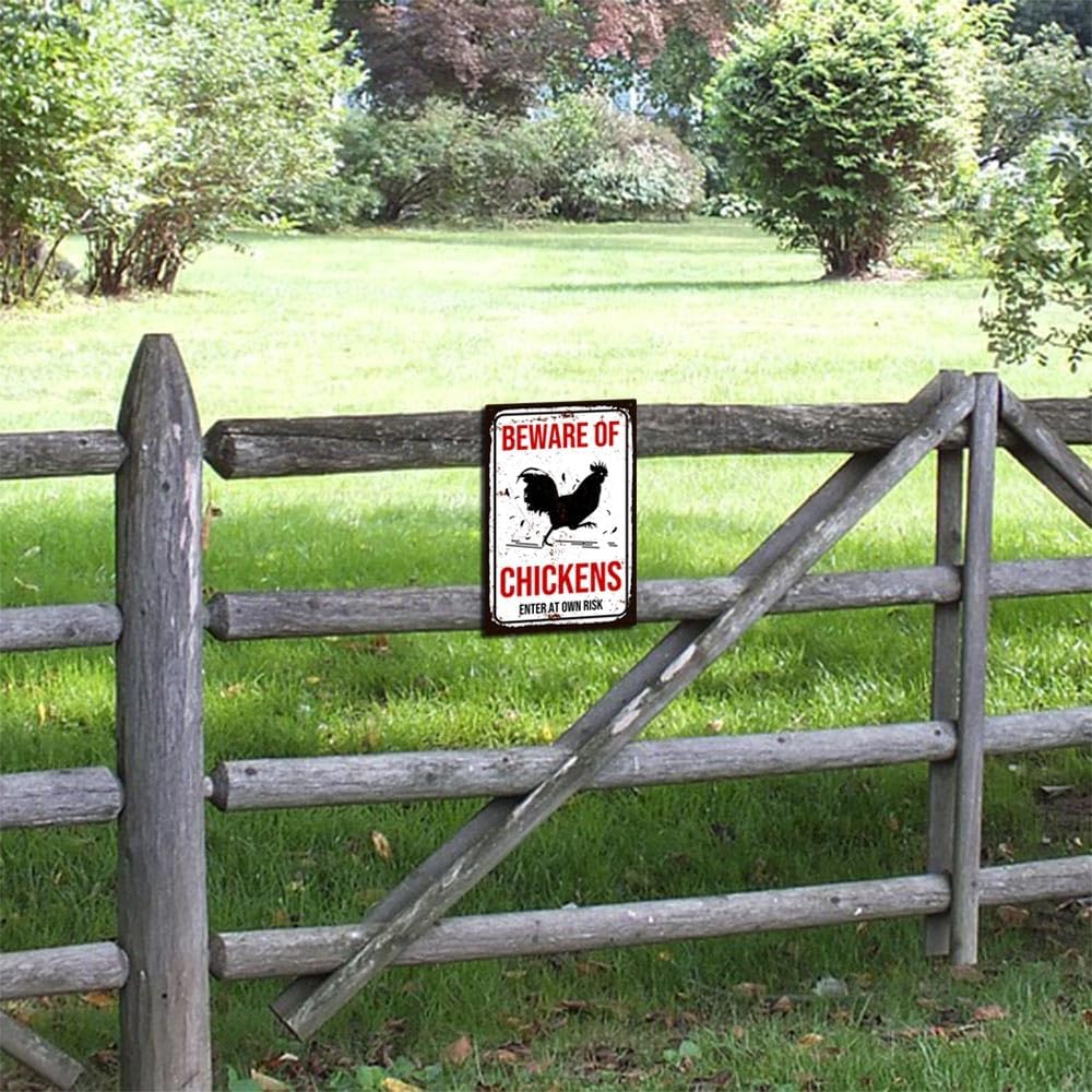 Vintage Beware of Chickens Metal Sign Funny Chicken Coop Sign for Farm 8 x 12 inch