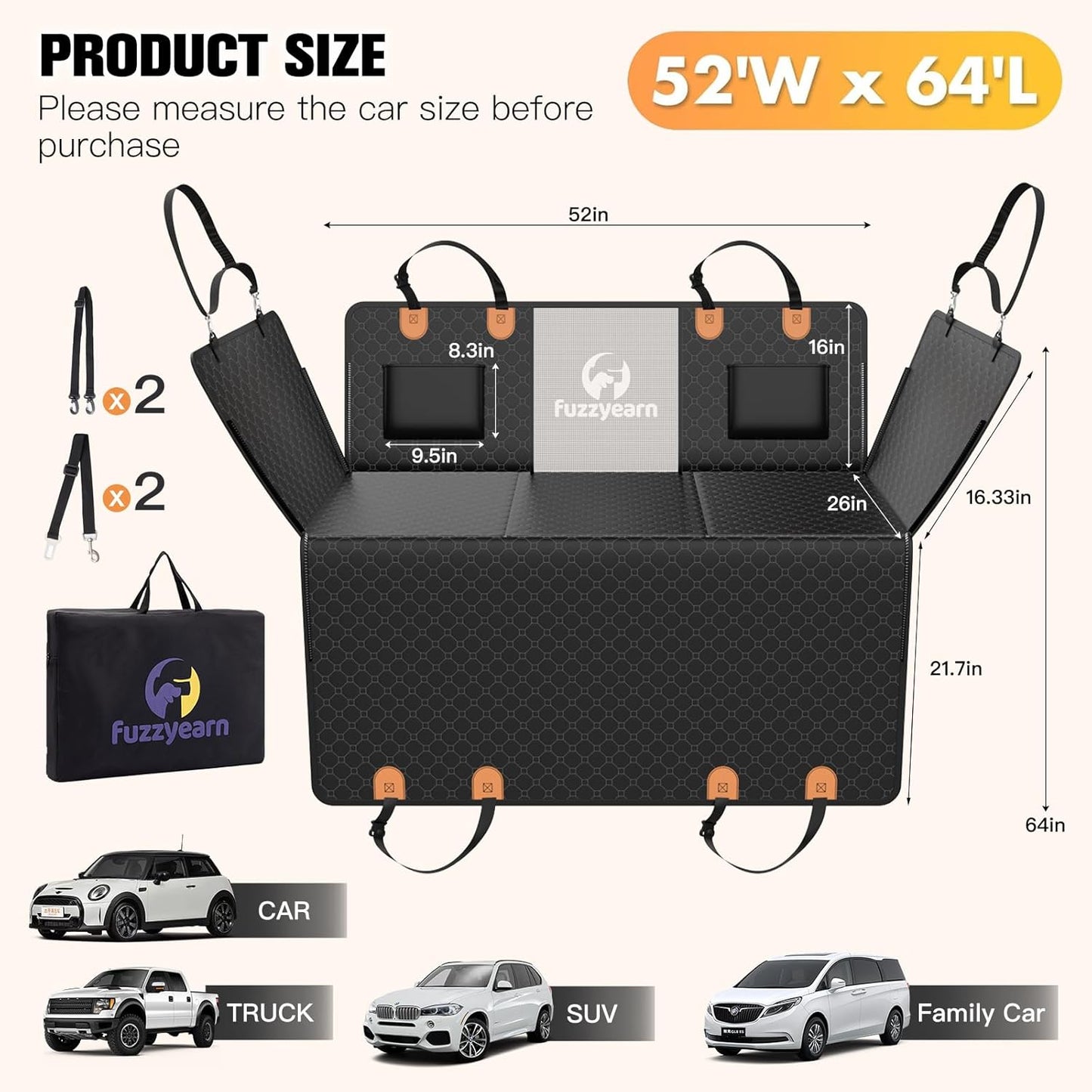 Leather Back Seat Extender for Dogs, Scratchproof and Waterproof Car Seat Cover with Hard Bottom(Holds 400lbs),Dog Hammock for Car, SUV and Truck (Black)