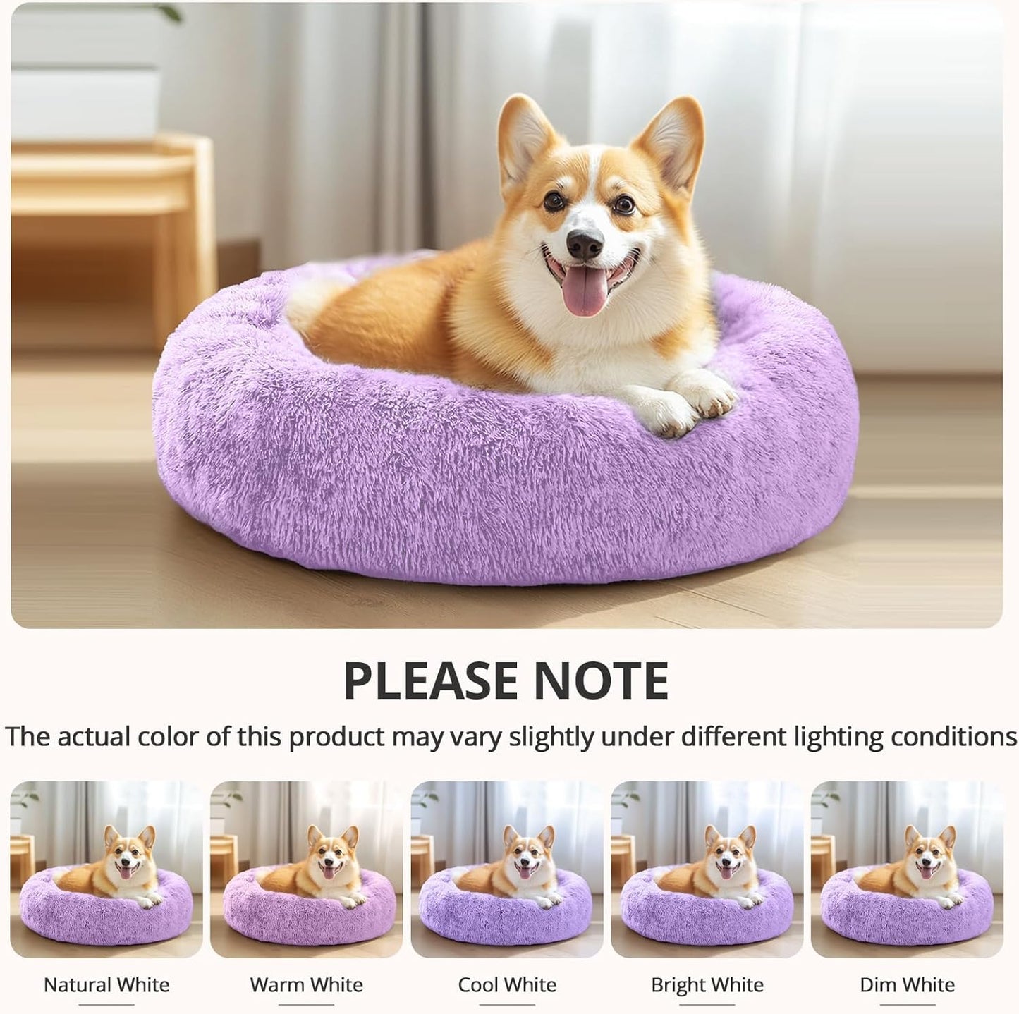 JOLLYVOGUE Calming Dog & Cat Bed for Small Dogs, Anti-Anxiety Donut Cuddler Cozy Soft Round Bed with Anti-Slip Bottom, Fluffy Faux Fur Plush Cushion Beds for Small Medium Pets (20")