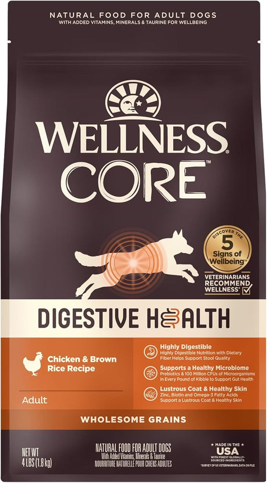 Wellness CORE Digestive Health Dry Dog Food, Wholesome Grains, Natural, Recipe for Dogs with Sensitive Stomachs, Chicken, (4-Pound Bag)