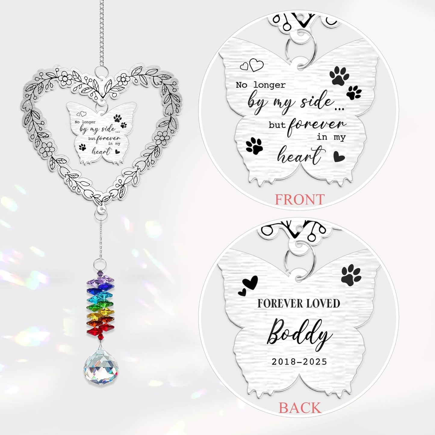 Personalized Dog Memorial Aluminum Suncatcher Ornament – No Longer by My Side but Forever in My Heart – Custom Dog Name Butterfly Pet Loss Gift, Rainbow Bridge Remembrance Decor