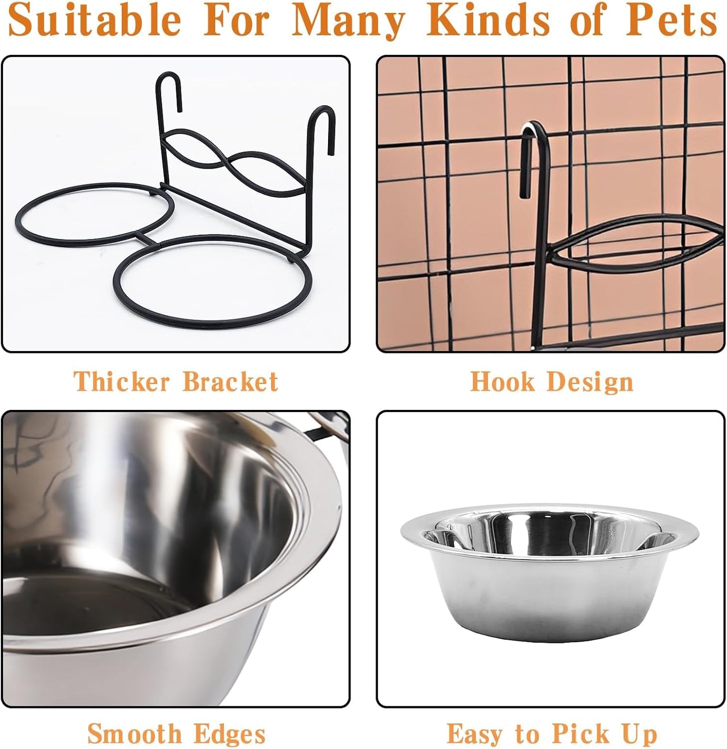 kathson Hanging Bird Bowls for Cage, 2 PCS Stainless Steel Metal Pet Food Water Dishes with Holder Feeder Cage Coop Hook Feeder Cups for Birds, Parrots, Small Sized Dogs and Cats (4.3 Inch Dia)