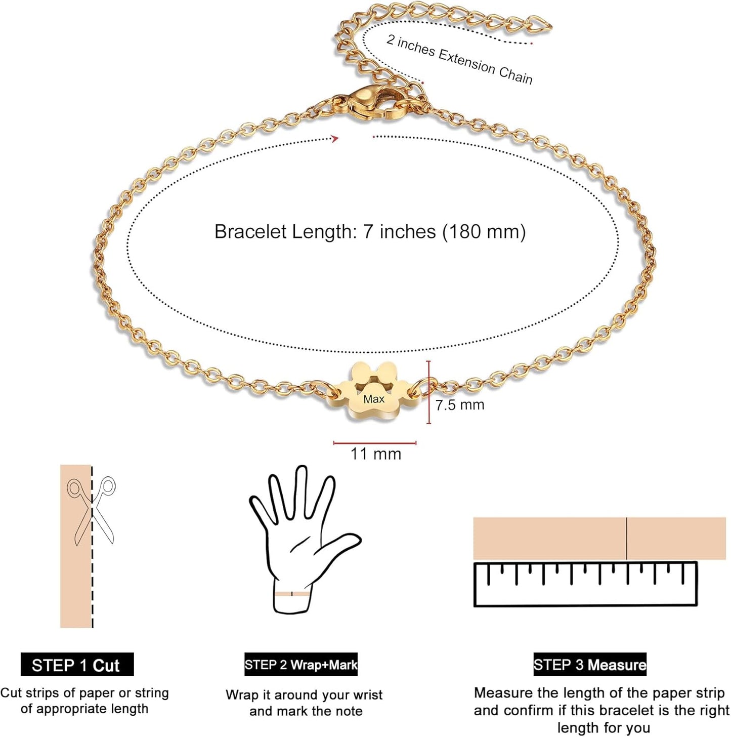 MeMeDIY Personalized Paw Print Bracelet for Women Engraved 1-5 Names Dog Cat Pet Paw Bracelet Adjustable Chain Dog Jewelry Memorial Gifts for Pet Lovers