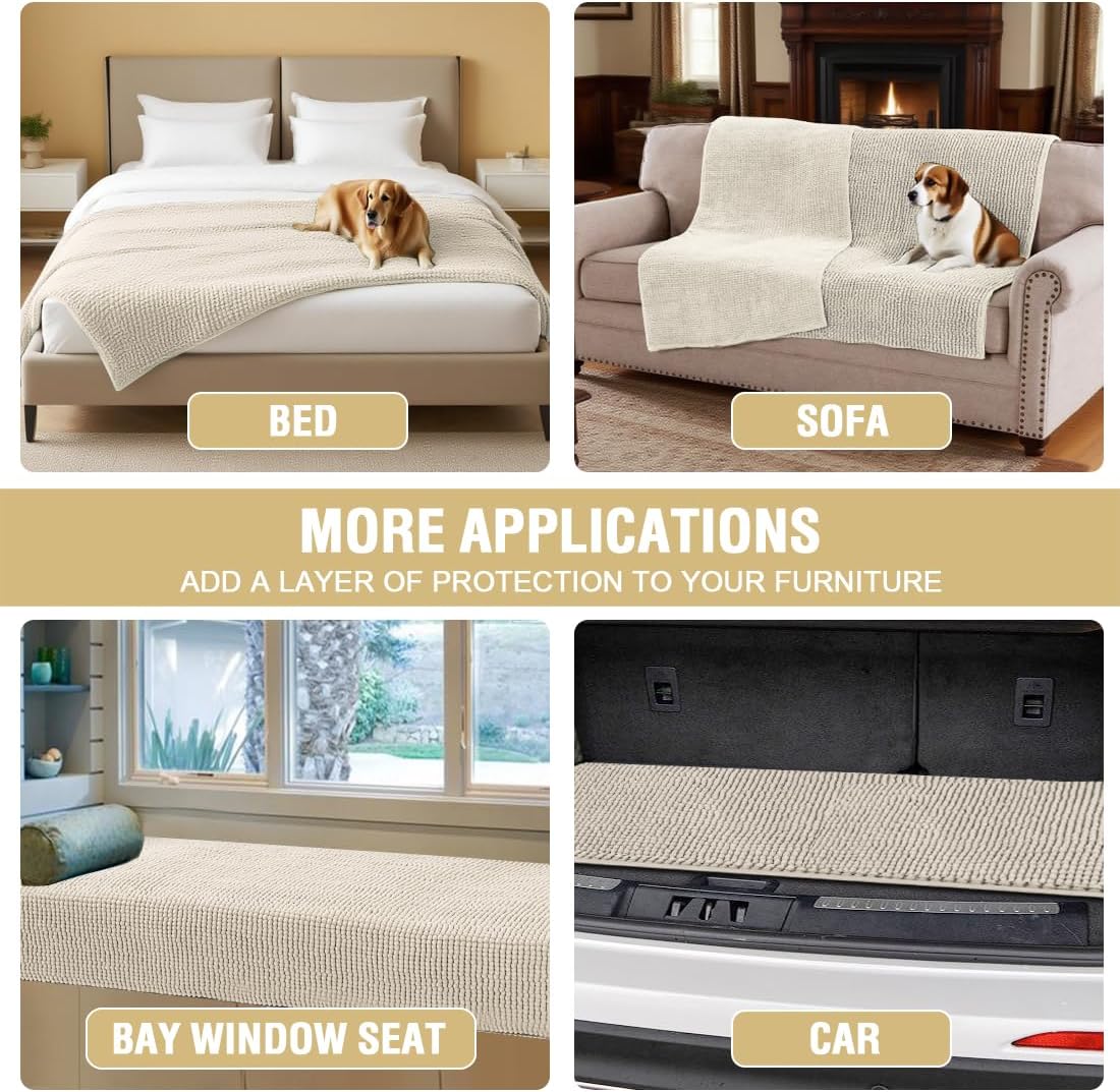 H.VERSAILTEX Plush Chenille Couch Cover for Dogs Pets Blanket for Bed Anti-Slip Soft and Durable Furniture Protector for Small Medium Large Cats Washable (52" x 82", Ivory)