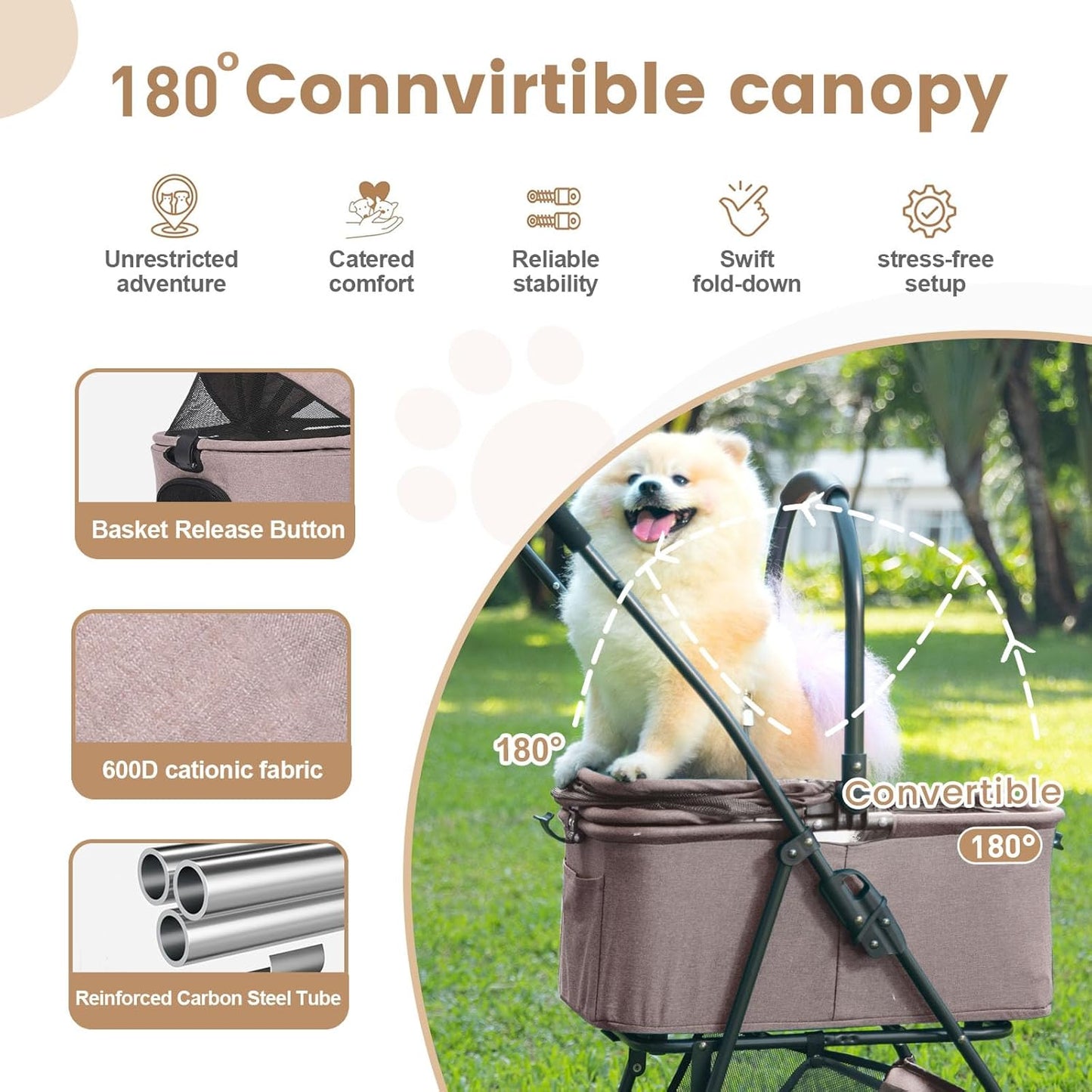 Pet Stroller, 4 Wheels Pet Strolling Cart for Medium/Small Dogs and Cats, Foldable Cat Jogger/Dog Stroller with Cup Holder, Storage Basket, Breathable Mesh, All-Season Pet Carrier (Coffee)