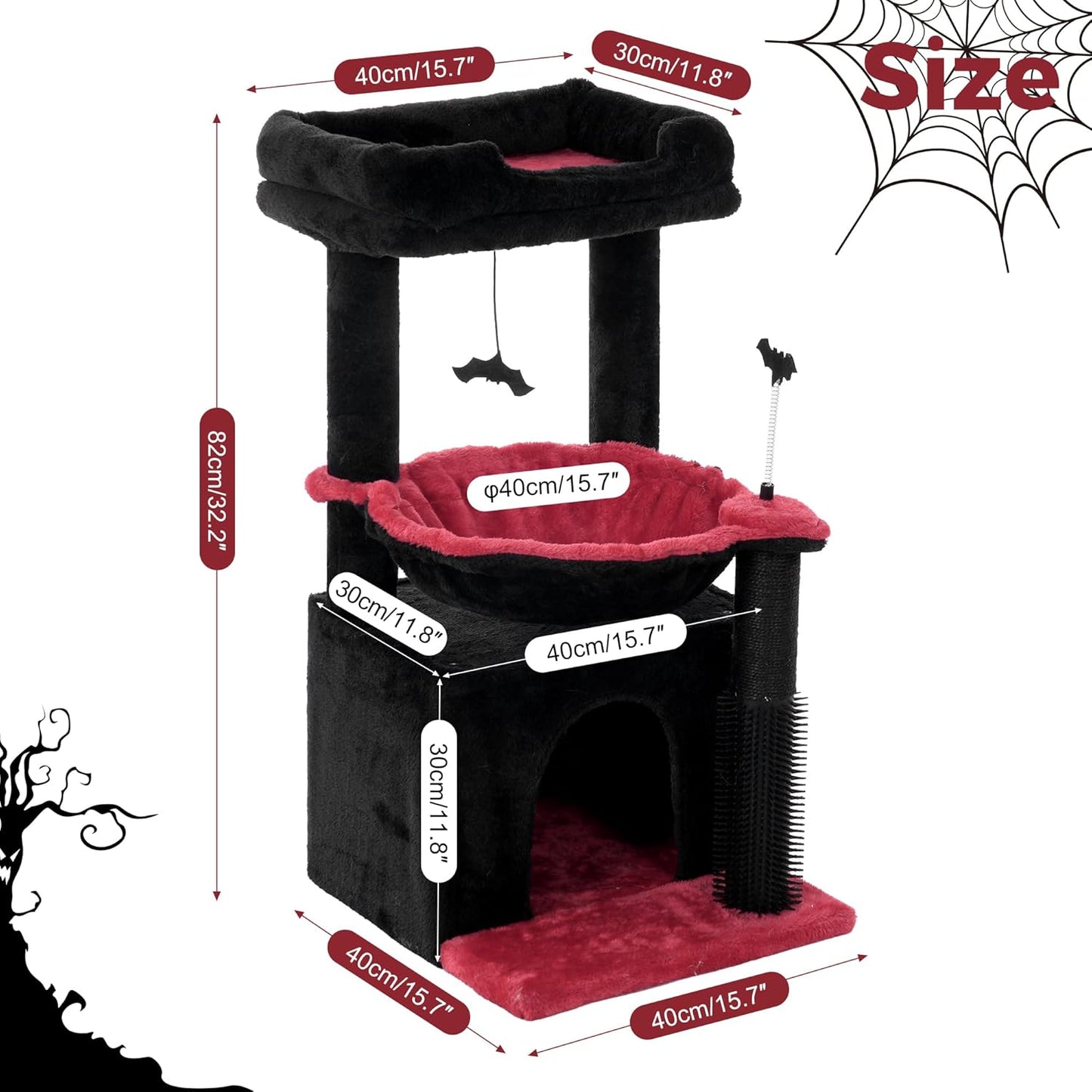 Gothic Cat Tree 32 Inches Small Cat Tree for Large Cats Adult Cat Tower with Scratching Post,15.7”Large Hammock and Self Groomer, and Removable Top Perch and Wide Condo for Indoor Cat-Gothic