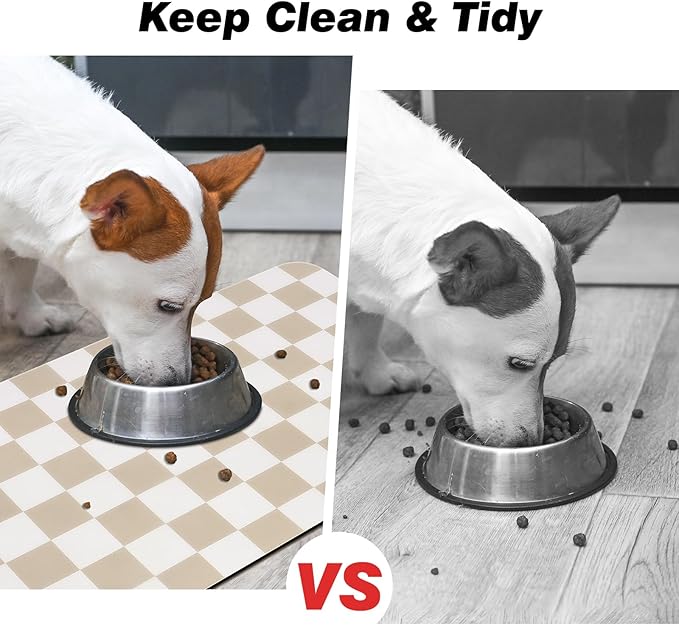 Checkered Pet Feeding Mat, Absorbent Dog Mat for Food and Water Bowls Dispenser 12" x 20" Khaki