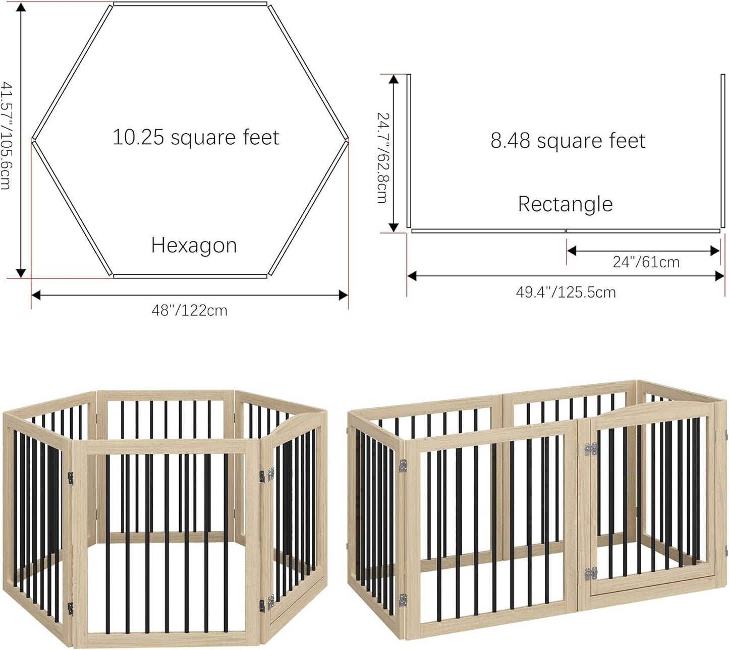 Vantas Folding Pet Gate 144" Wide, 30" Tall No-Assembly Wooden Dog Gate With Door Walk Through, Freestanding Puppy Safety Fence, 2PCS Support - Natural White