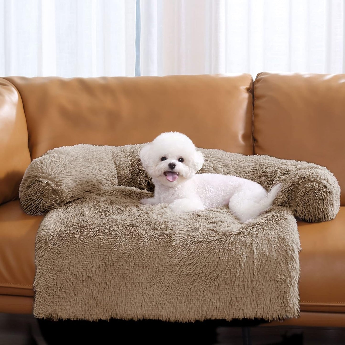 HACHIKITTY Calming Pet Sofa Bed Mat, Washable Plush Couch Cover, Furniture Protector Mat for Dogs and Cats, Fluffy Dog Couch Bed with Anti-Slip Bottom (40"x 38"x 6", Camel)