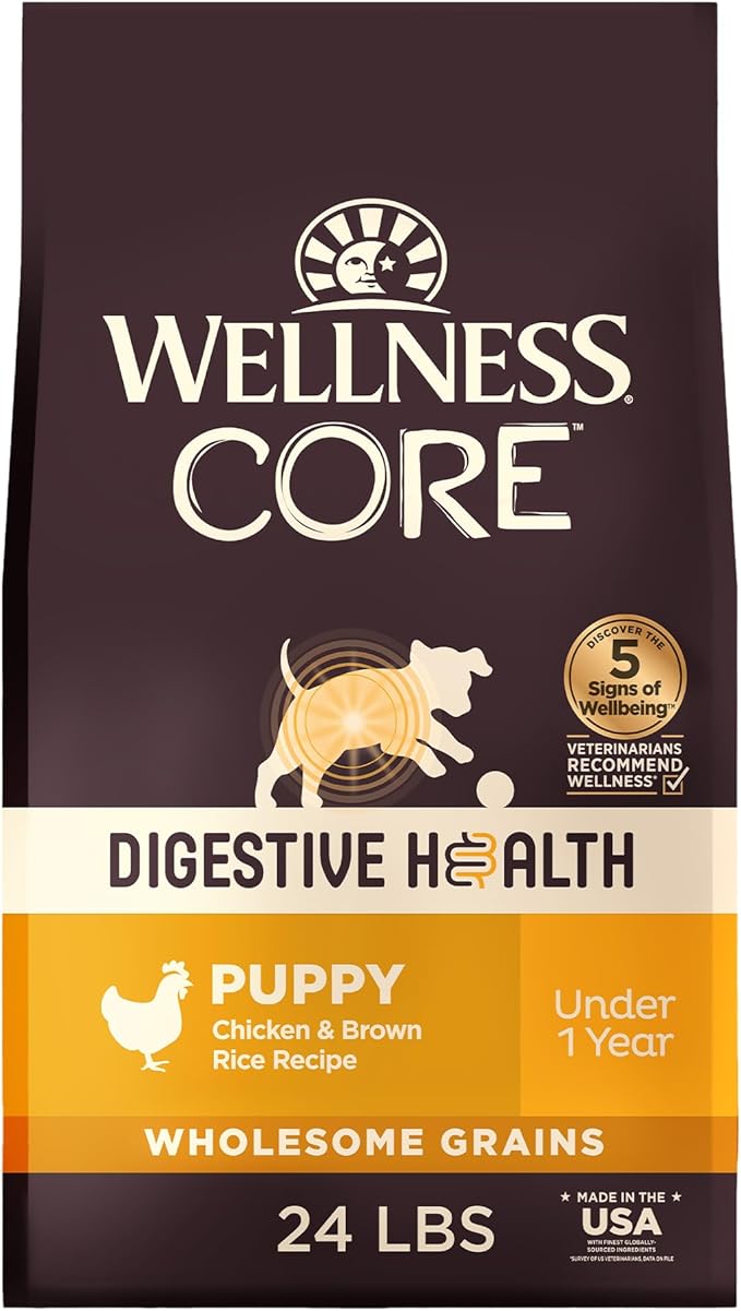 Wellness CORE Digestive Health Puppy Dry Dog Food, Wholesome Grains, Natural, Recipe for Dogs with Sensitive Stomachs, Recipe, (24-Pound Bag)