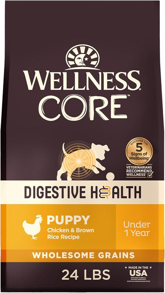 Wellness CORE Digestive Health Puppy Dry Dog Food, Wholesome Grains, Natural, Recipe for Dogs with Sensitive Stomachs, Recipe, (24-Pound Bag)