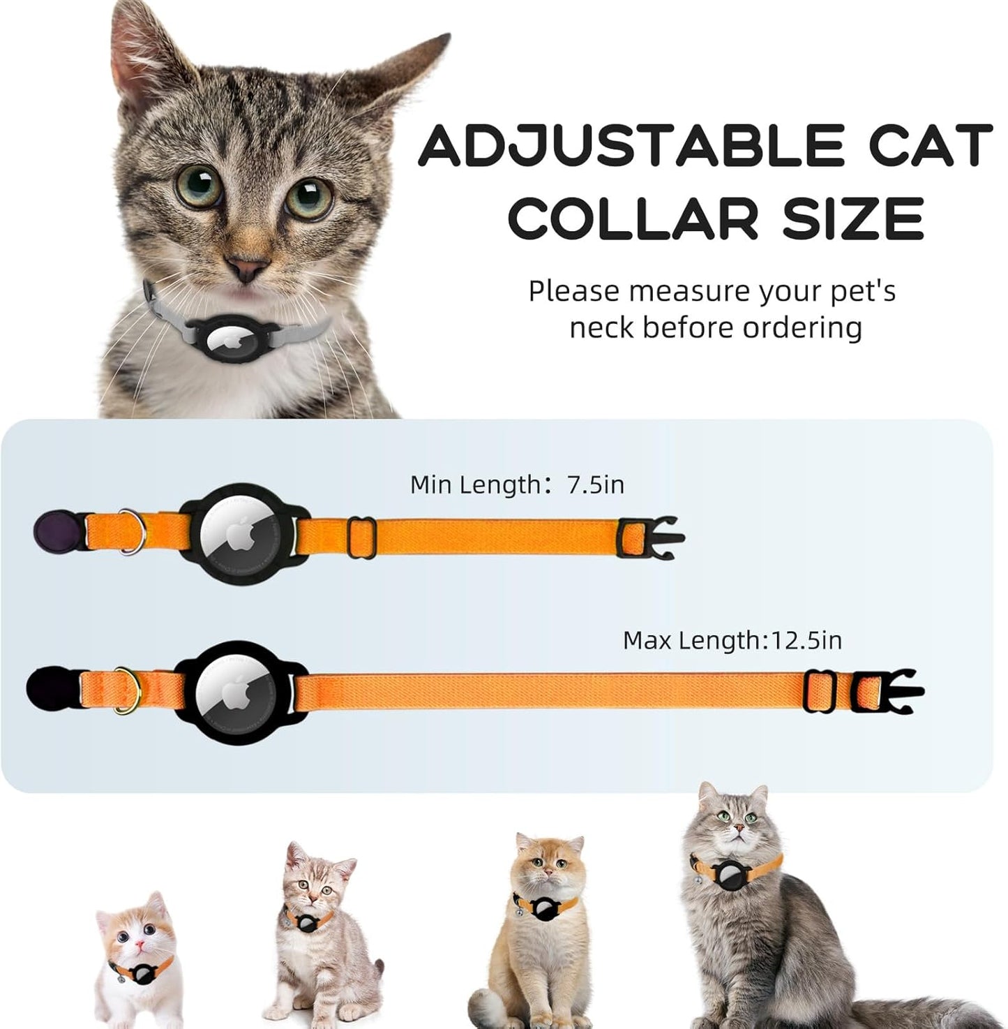AirTag Cat Collars, Stretchy Collar with Apple AirTag Holder and Bell, Breakaway Ultra Design Elastic GPS Tracking Collars for Cats and Puppies, (7.5-12.5 Inch), Orange