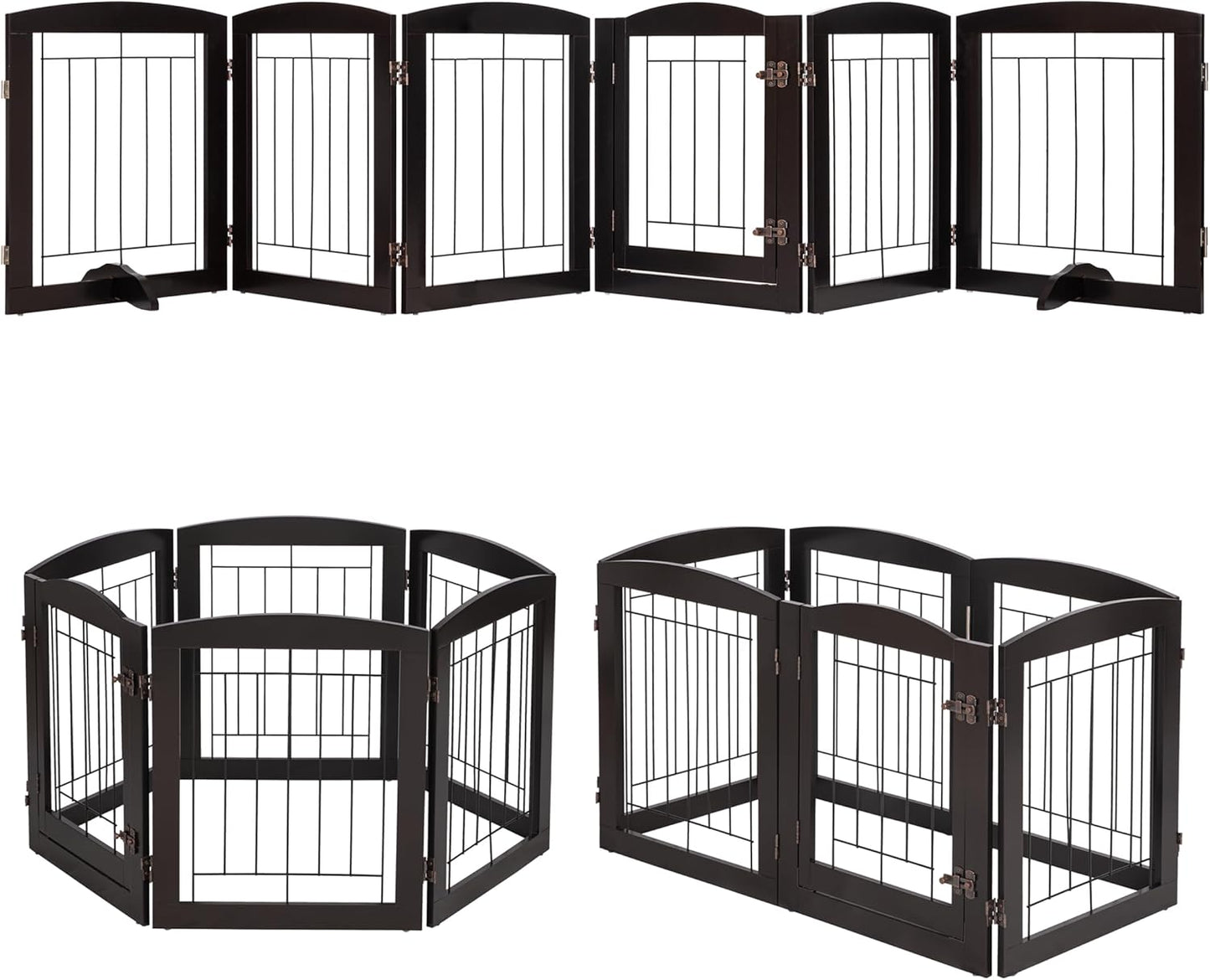 PAWLAND Dog Gate Indoor with Walk Through Door, Foldable Free Standing Pet Gate for Doorways, Stairs, The Houes, Pet Puppy Safety Fence, 120 in Extra Wide, 6 Panels, Support Feet Included, Espresso