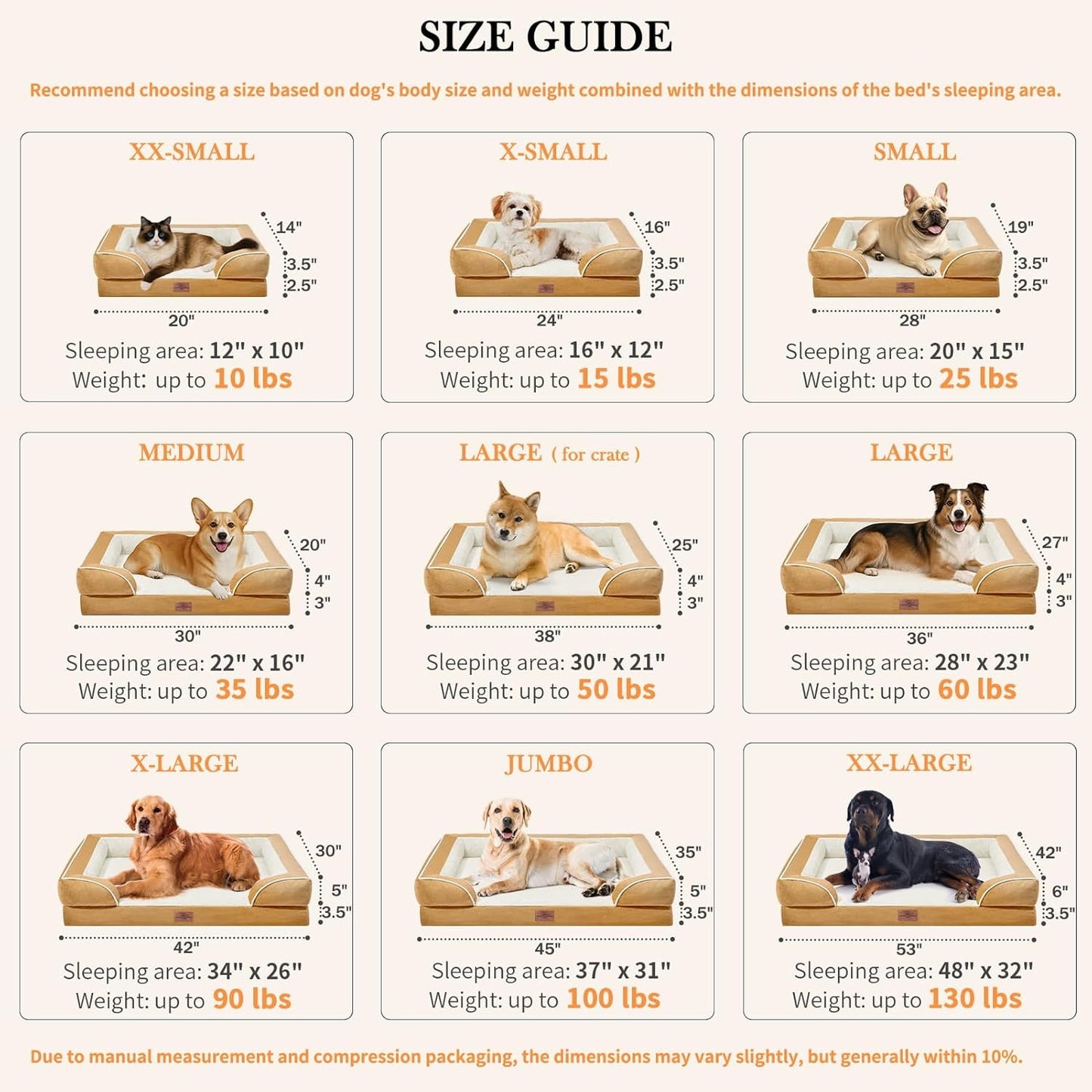 Comfort Expression Small Dog Beds Waterproof Cat Beds Orthopedic Foam Sofa Beds for Small Dogs Comfy Pet Bed with Washable Removable Cover & Non-Slip Bottom(XX-Small,Khaki)