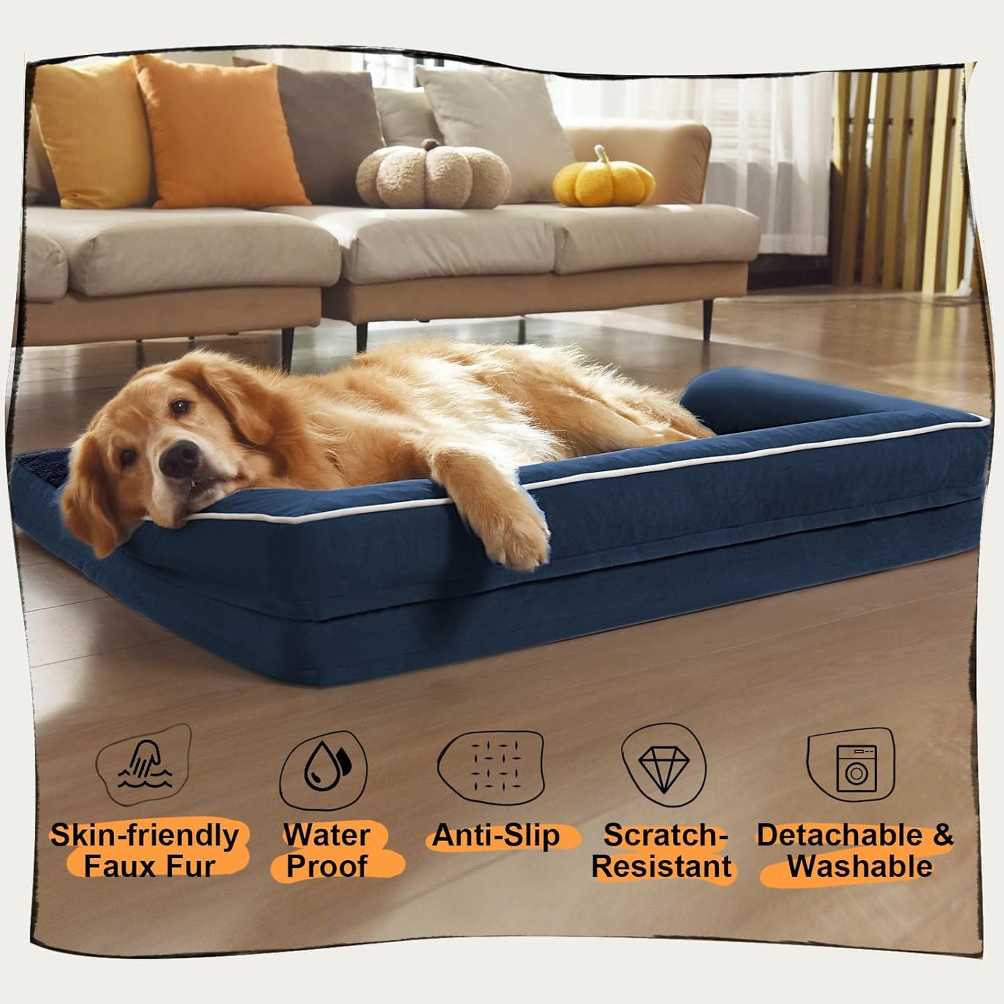 Dog Bed Medium Size Dog-Orthopedic Waterproof Bed for Dogs,Foam Couch Sofa with Washable Removable Cover & Non-Slip Bottom-Navy Blue