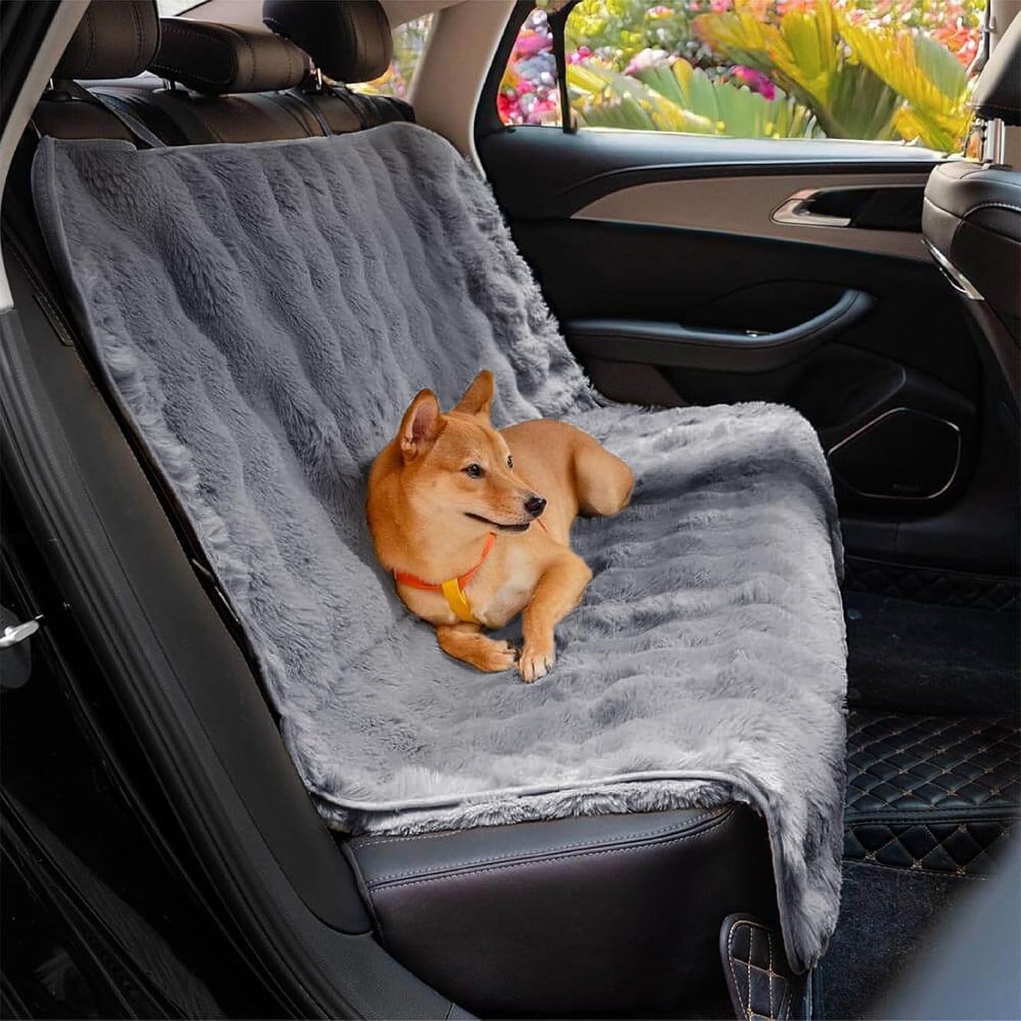 FUNNY FUZZY Fluffy Dog Car Seat Cover for Back Seat (Bench), Water-Resistant with Nonslip Backing,Pet Seat Protector for Cars SUVs Trucks(Gray