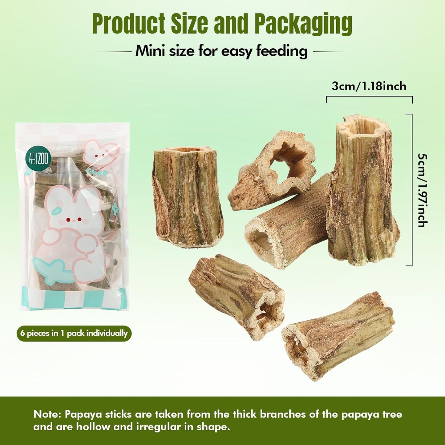 Abizoo Natural Bunny Chew Toys,6 Pcs Organic Papaya Wood Sticks Chew Toys for Rabbit,Hamster,Guinea Pig,Chinchilla,Gerbil,Rat Healthy Chews Teeth Grinding Treats, Squirrel Molar Snack