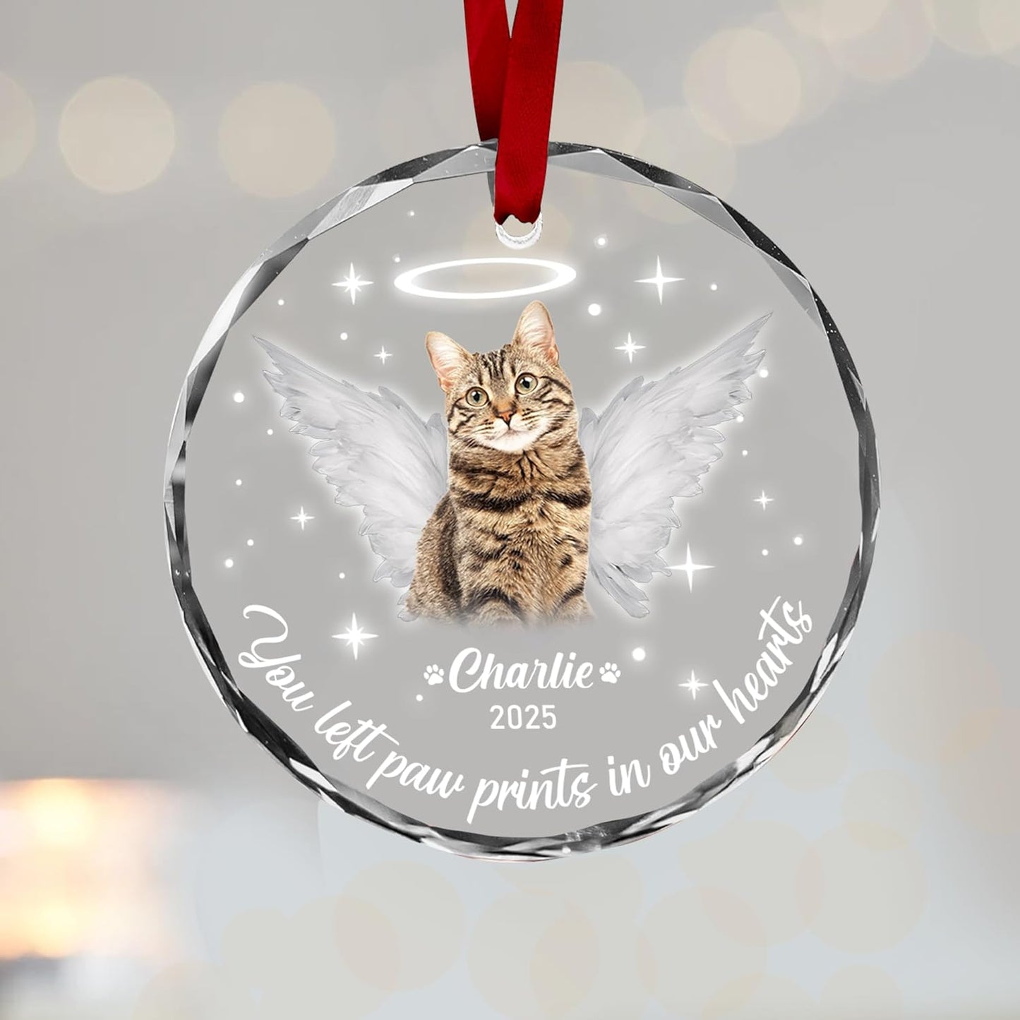 Personalized Cat Memorial Ornament, Pet Loss, Angel Keepsake for Cat Lovers, Custom Photo Glass Ornament – You Left Paw Prints in Our Hearts