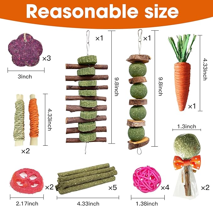 21 Pcs Rabbit Chew Toys for Teeth, Natural Bunny Toys Peach Wood Grass Timothy Sticks Chew and Treat for Guinea Pigs Hamster Chinchillas and Other Small Pets