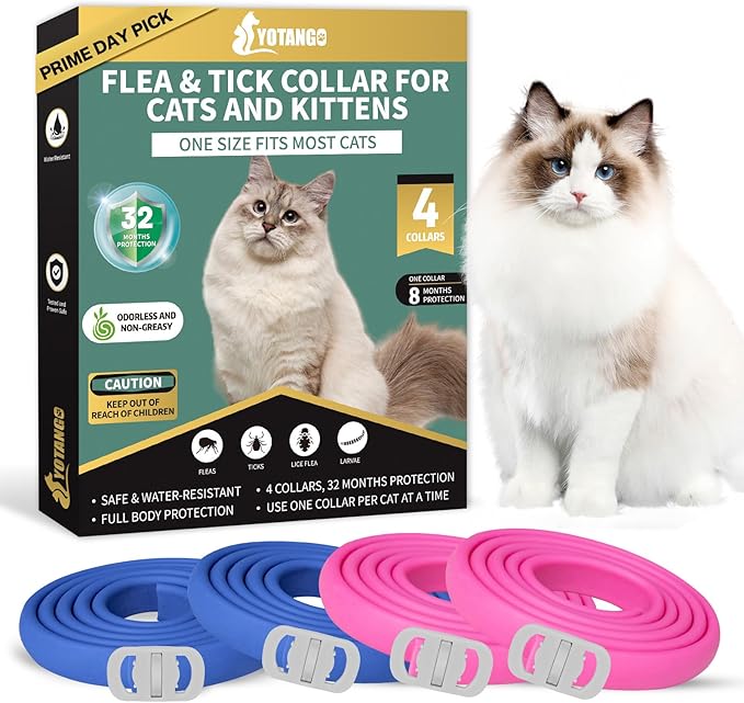4 Pack Flea Collar for Cats, 32 Months Flea and Tick Prevention for Cats, Waterproof Cat Flea Collar, Natural Cat Flea and Tick Treatment, Adjustable Flea and Tick Collar for Cats Kittens(Blue&Pink)