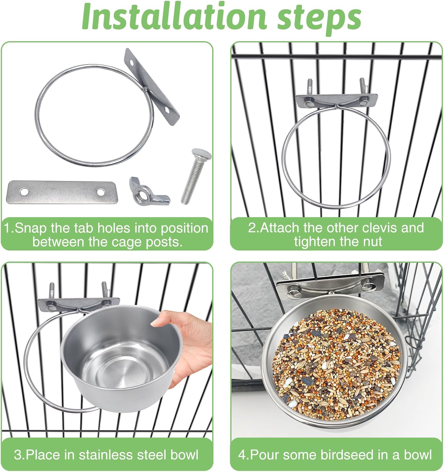 Tfwadmx 6 Pcs Stainless Steel Bird Bowls with Clamp Holder, Bird Dishes for Cage, Cockatiels Lovebird Budgie Chinchilla