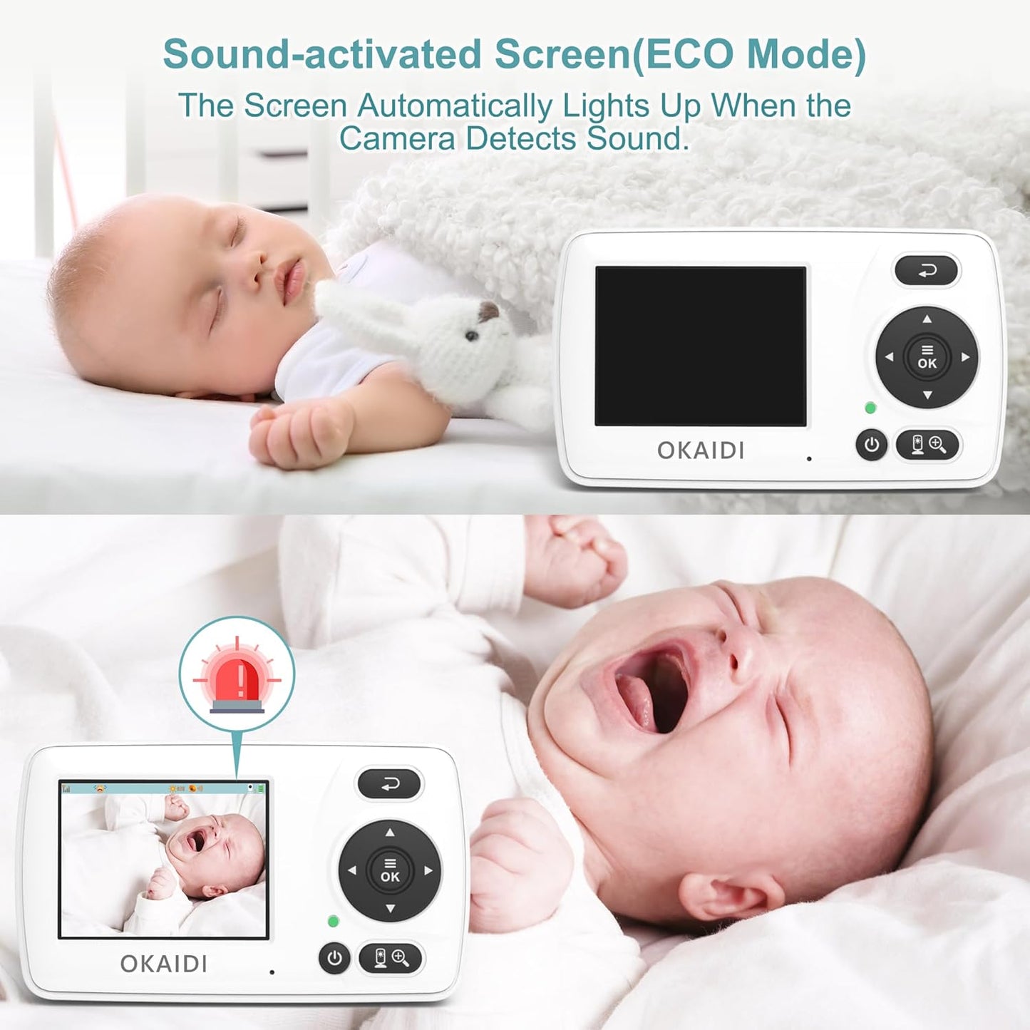 OKAIDI Video Baby Monitor with Camera and Audio, 2.4'' Portable Travel Baby Monitor No WiFi, Infrared Night Vision, VOX Mode, 1000ft Long Range, Ideal for Baby/Pet/Elderly