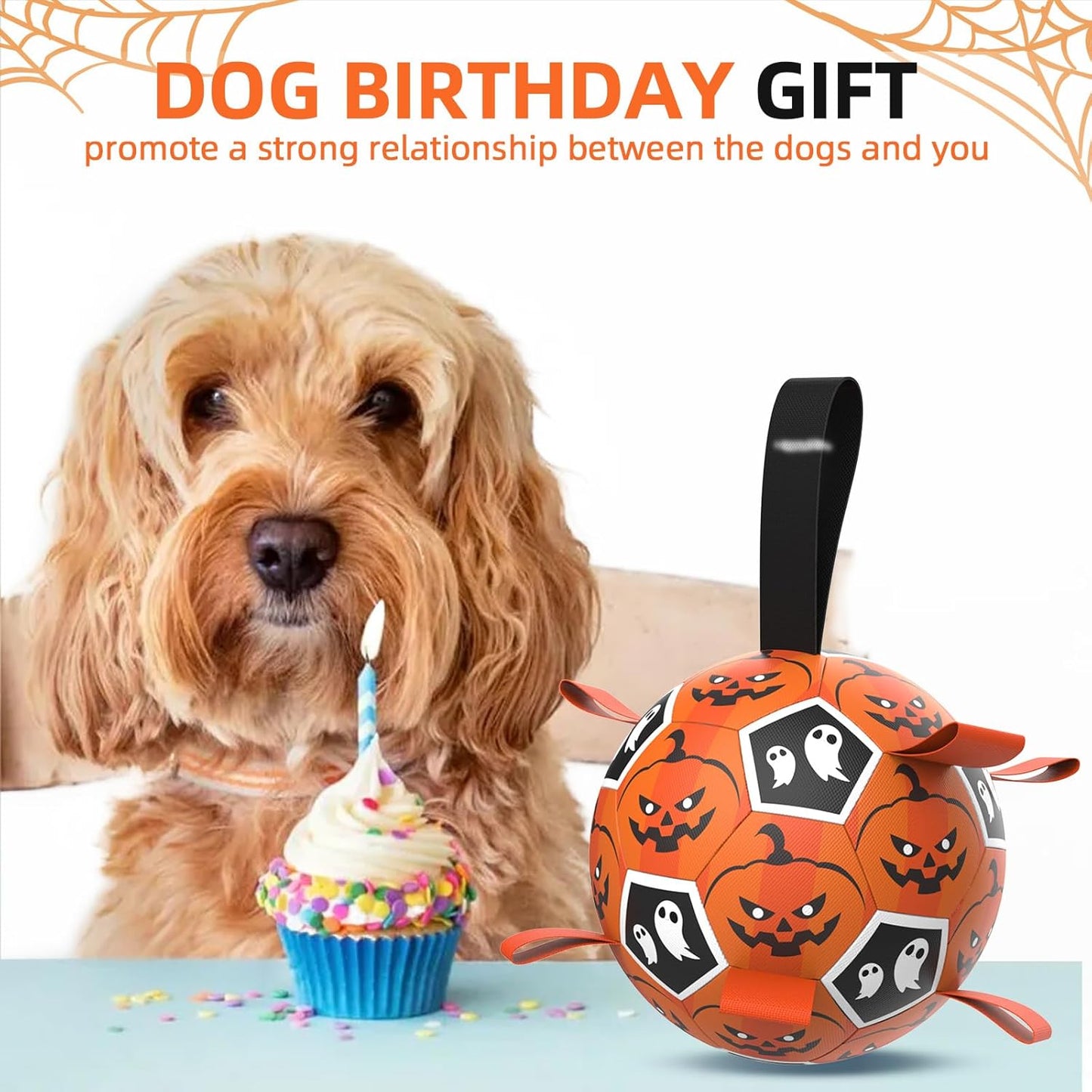 Diman Dog Soccer Ball with Straps, Halloween Dog Toys, Pet Toys Balls for Medium Large, Pet Birthday Gift, Interactive Dogs Toy for Tug of War (7 inch)