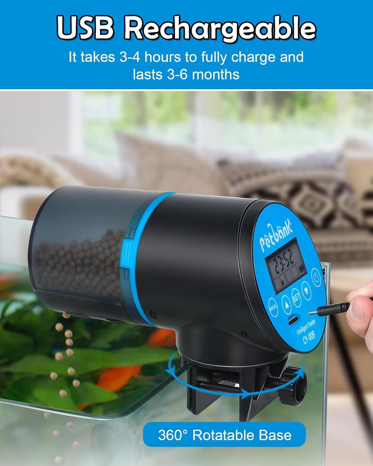 Automatic Fish Feeder for Aquarium - Rechargeable Fish Food Auto Dispenser Vacation Turtle Feeder with USB Charger Cable,LCD Screen, Customized Schedule (Blue)
