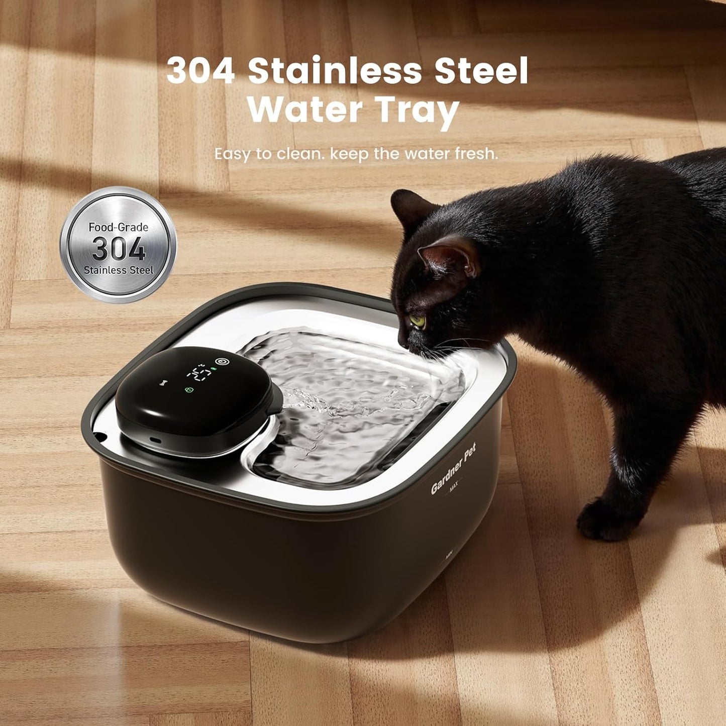 Gardner Pet Wireless Cat Water Fountain Stainless Steel Tray, 3.78L Cat Fountain Battery Operated, Cordless Pet Water Fountain for Cats & Dogs with Motion Sensor, Temperature Display - 1 Gallon