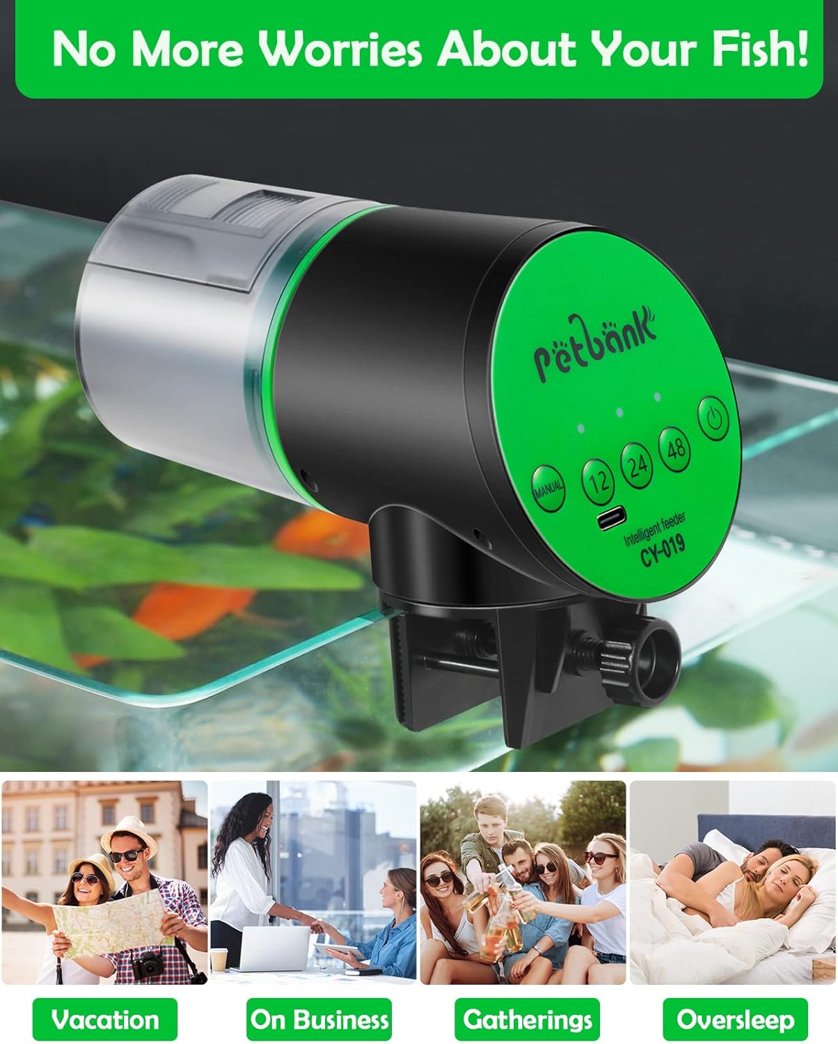 Automatic Fish Feeder for Aquarium - Auto Fish Food Dispenser Rechargeable for Small Large Tank with USB Charger Cable,12/24/48H Interval Esay Set Up (Green, CY-019)