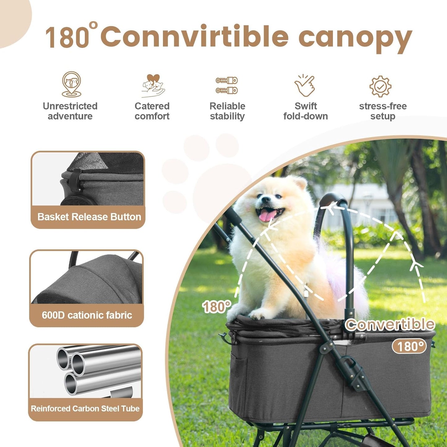 Pet Stroller, 4 Wheels Pet Strolling Cart for Medium/Small Dogs and Cats, Foldable Cat Jogger/Dog Stroller with Cup Holder, Storage Basket, Breathable Mesh, All-Season Pet Carrier (Dark Grey)