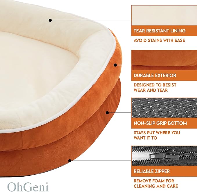 OhGeni Orthopedic Dog Couch Pet Sofa Large Sized Cat Beds with Comfort Foam Support, Soft Comfortable Fabric, Machine Washable Waterproof Removable Cover, 35-Inch (Orange)