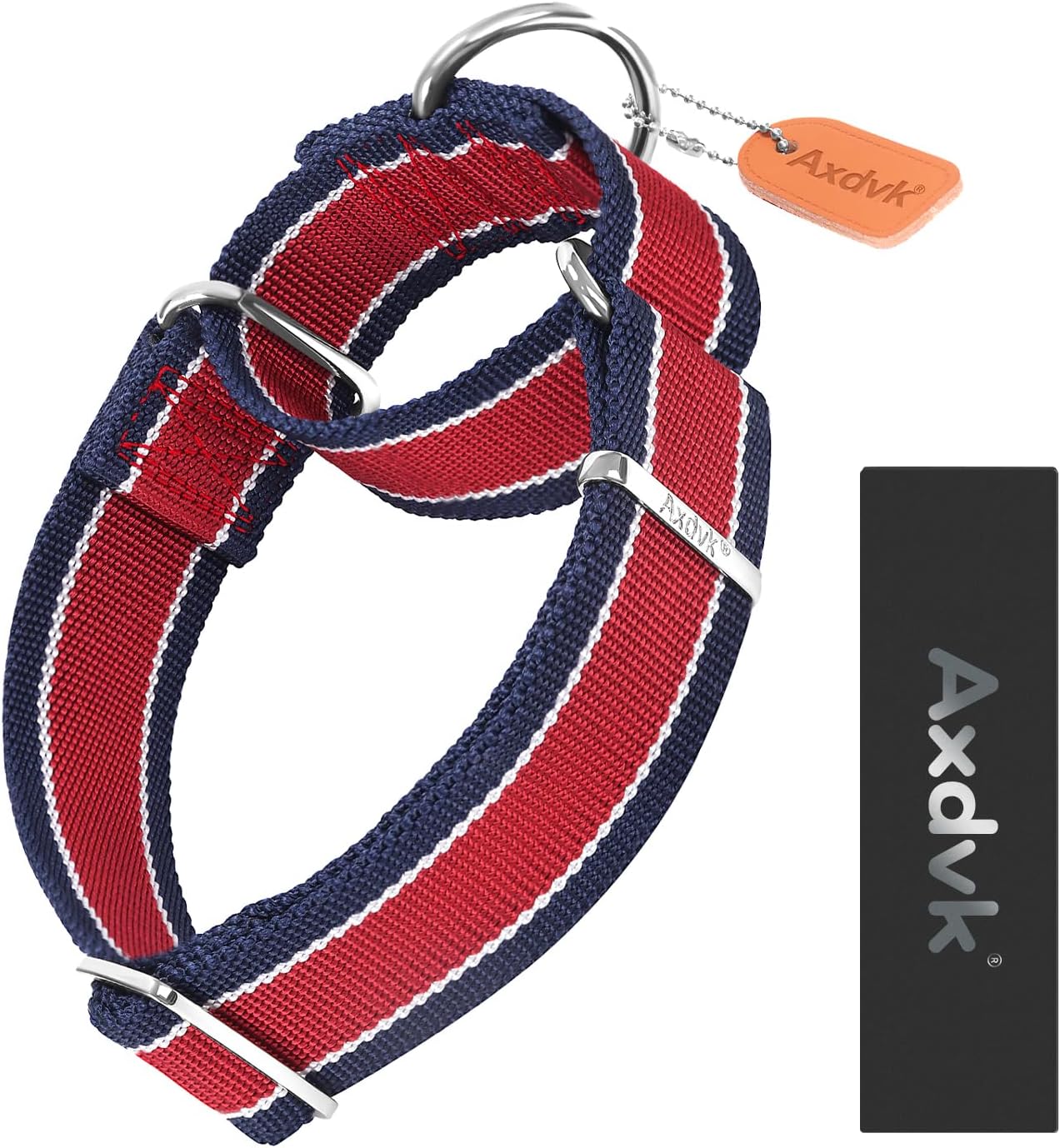 Martingale Collar 1.5 Inch Wide 1600D Extra Strong Anti Escape Nylon Dog Collar, No Pull Heavy Duty Pet Collars with 3-Color Stripe for Medium Dogs (M, Red & Navy Blue)