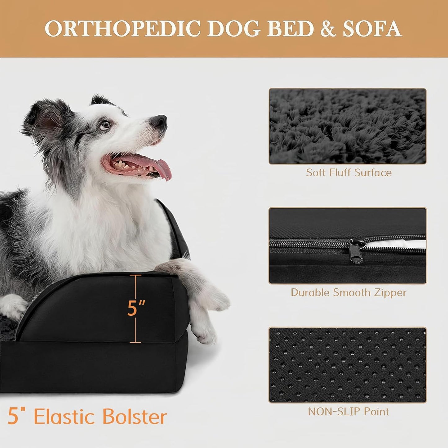 Comfort Expression Orthopedic Dog Bed for Extra Large Dogs 42x30 Inch, Waterproof Supportive Egg Crate Foam XL Pet Bed with Removable Bolsters, Dog Couch with Washable Cover & Non-Slip Bottom, Black