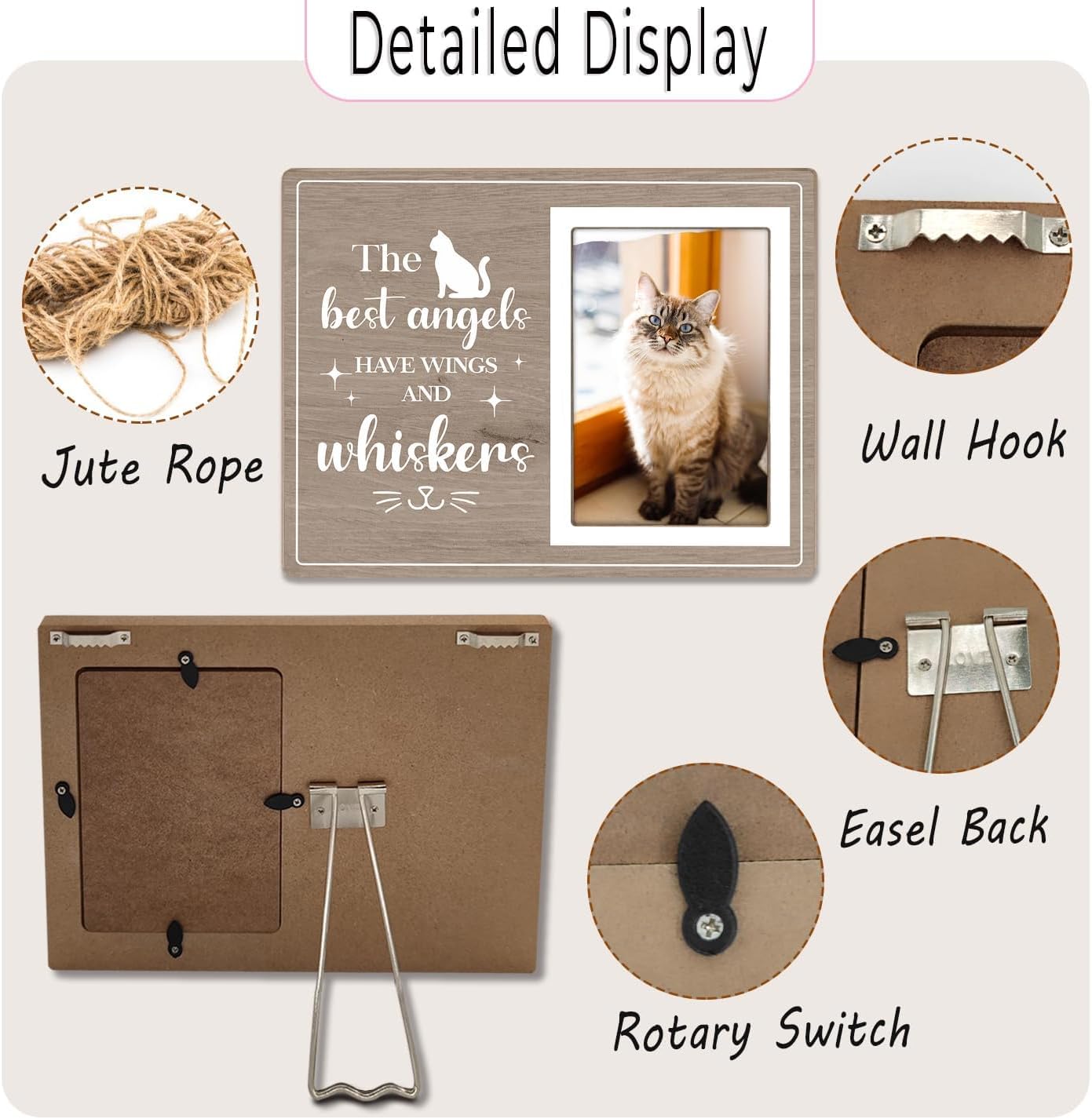 Cat Picture Frame, Cat Memorial Wooden Photo Frame, Pet Remembrance Gift, Sympathy Gift for Pet Owner, Cat Memorial Gifts for Loss of Cat, The Best Angels Have Wings and Whiskers (Gray, 4 x 6 Photo)