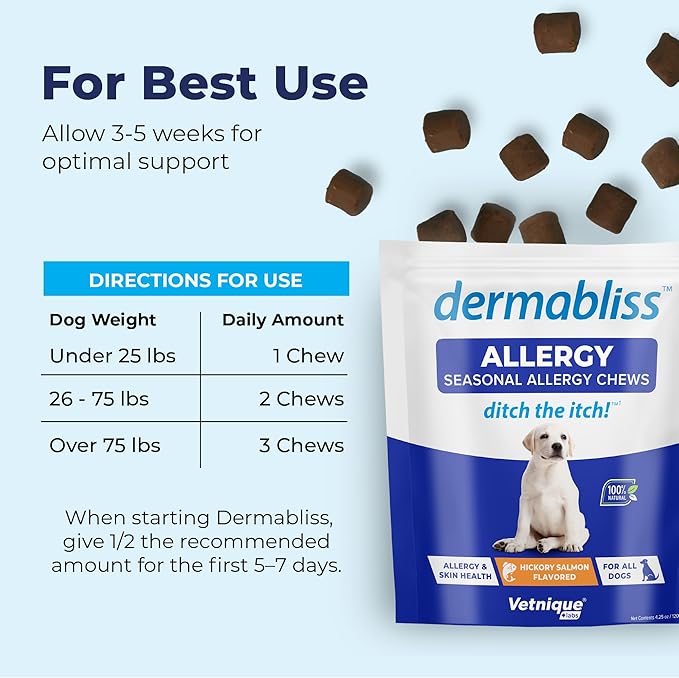 Vetnique Labs Dermabliss Dog Allergy Relief & Immune Support Supplement Allergy Chews for Dogs Itching and Licking with Omega 3 Fish Oil & Probiotics for Itch Relief - Vet Recommended (120 Ct Chews)