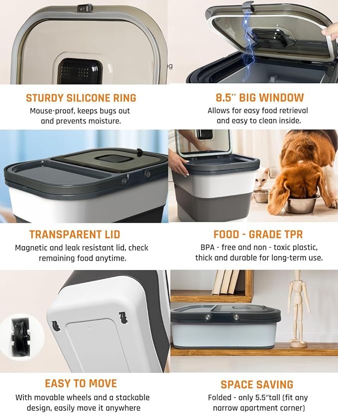 35lbs Dog Food Storage Container, Collapsible Dog Food Container, Wheels, Handle, Airtight Pet Food Storage Container, Scoop, 2L Small Dry Food Pail For Dog Cat Bird Food