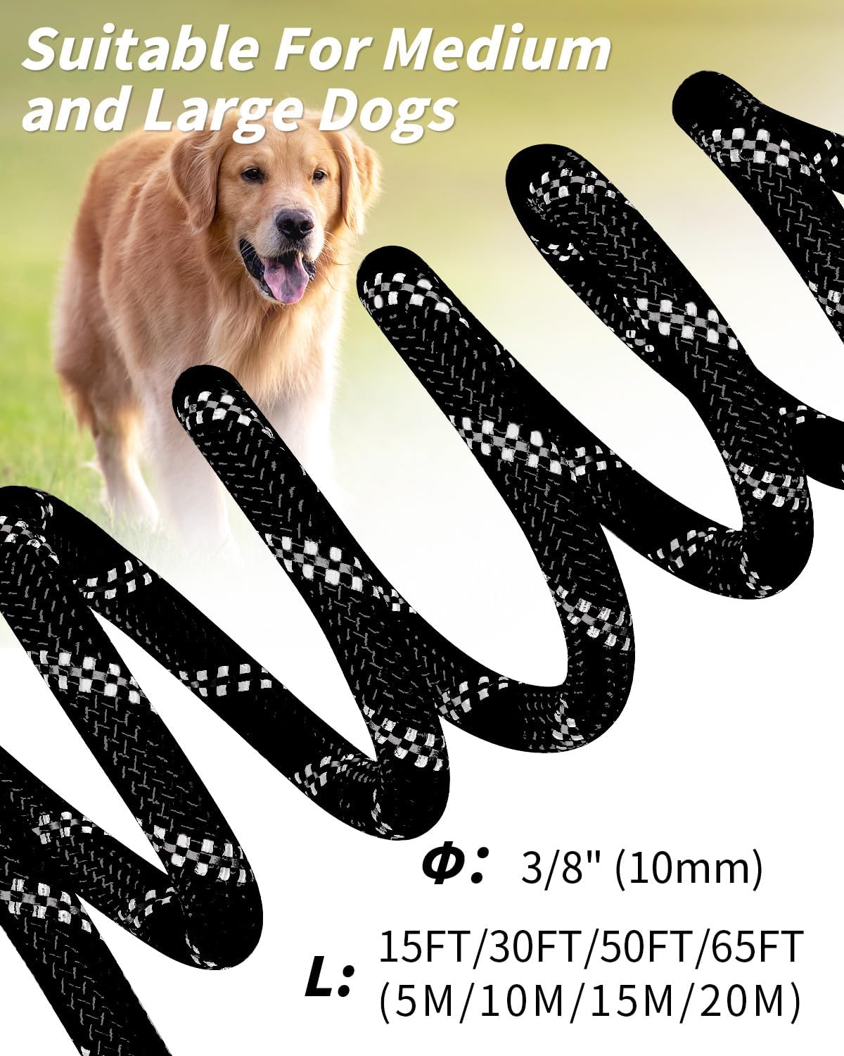 Joytale Long Leash for Dog with Removable Padded Handle, Heavy Duty Lead for Large Medium Dogs,15FT/30FT/50FT/65FT Reflective Training Leash for Play, Camping, Backyard Tie Out, Black, 15FT