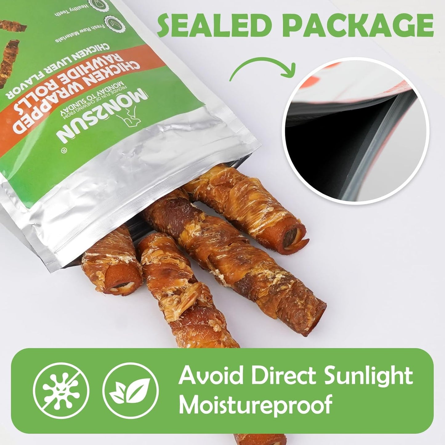 MON2SUN Dog Treats 5 Inch Chicken Wrapped Smoked Stuffed Rawhide Rolls with Chicken Liver, Rawhide Chews for Small and Medium Dogs, 21.2 oz (12 Count)
