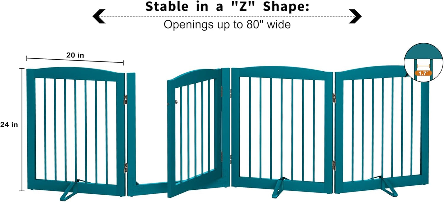 Freestanding Dog Gate with Door, Pet Gate for Stairs, 80 inch Wide Pet Barrier Indoor, Dog Fences Indoor, Support Feet Included, 4 Panels, 24" Tall, Blue