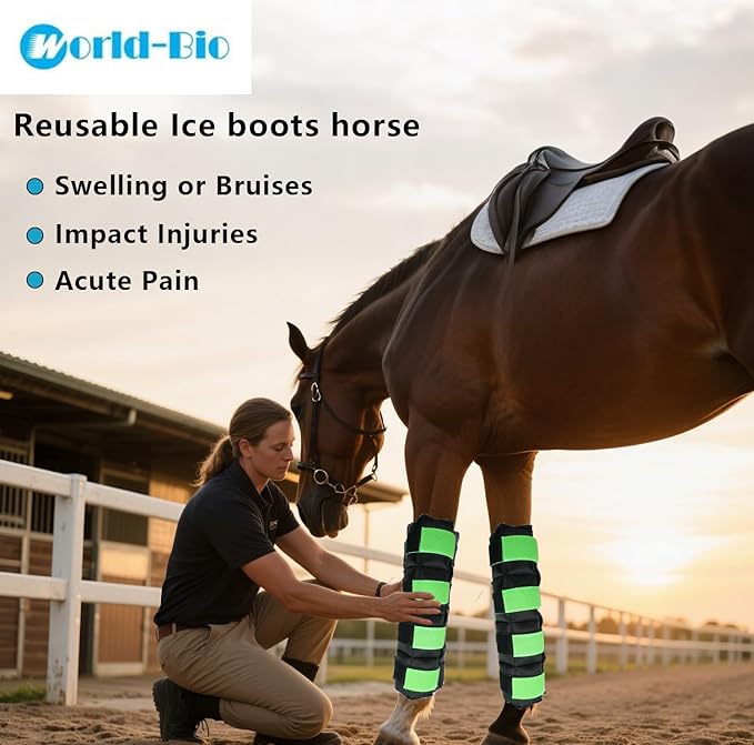 WORLD-BIO Horse Ice Boots Set of 2 /Horse Ice Pack for Injuries, Therapy Full Leg Ice Boot Cold Pack with Flexible Straps for Hock, Ankle, Knee, Legs and Hooves, 16.9'' x 16.1'' Green