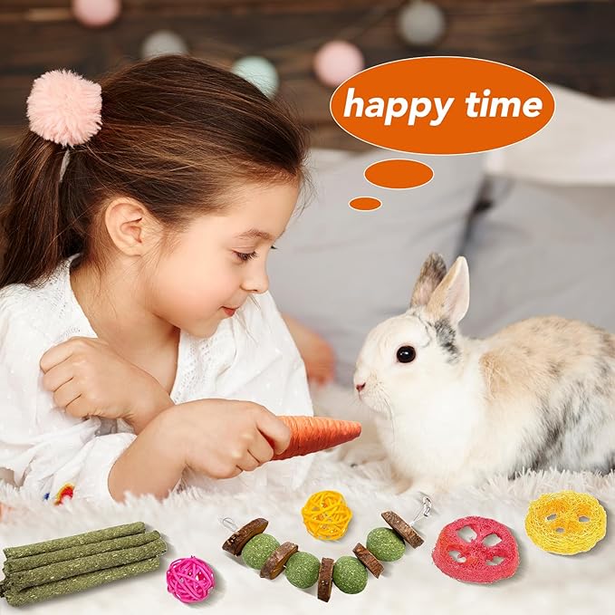21 Pcs Rabbit Chew Toys for Teeth, Natural Bunny Toys Peach Wood Grass Timothy Sticks Chew and Treat for Guinea Pigs Hamster Chinchillas and Other Small Pets