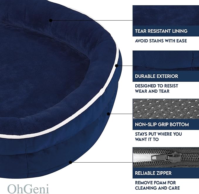 OhGeni Orthopedic Dog Couch Pet Sofa Large Sized Cat Beds with Comfort Foam Support, Soft Comfortable Fabric, Machine Washable Waterproof Removable Cover, 35-Inch (Dark Blue)