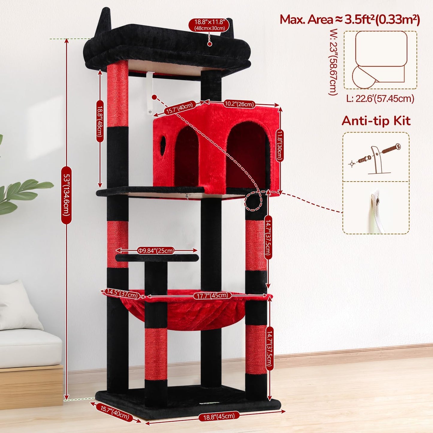 Globlazer Gothic Cat Tree Tower with Scratching Post for Indoor Cats, 53inch Tall Plush Multi-Level Cat Climbing Tower Condo with Large Hammock, Spacious Cat Cave, Padded Top Perch, F53, Red Black